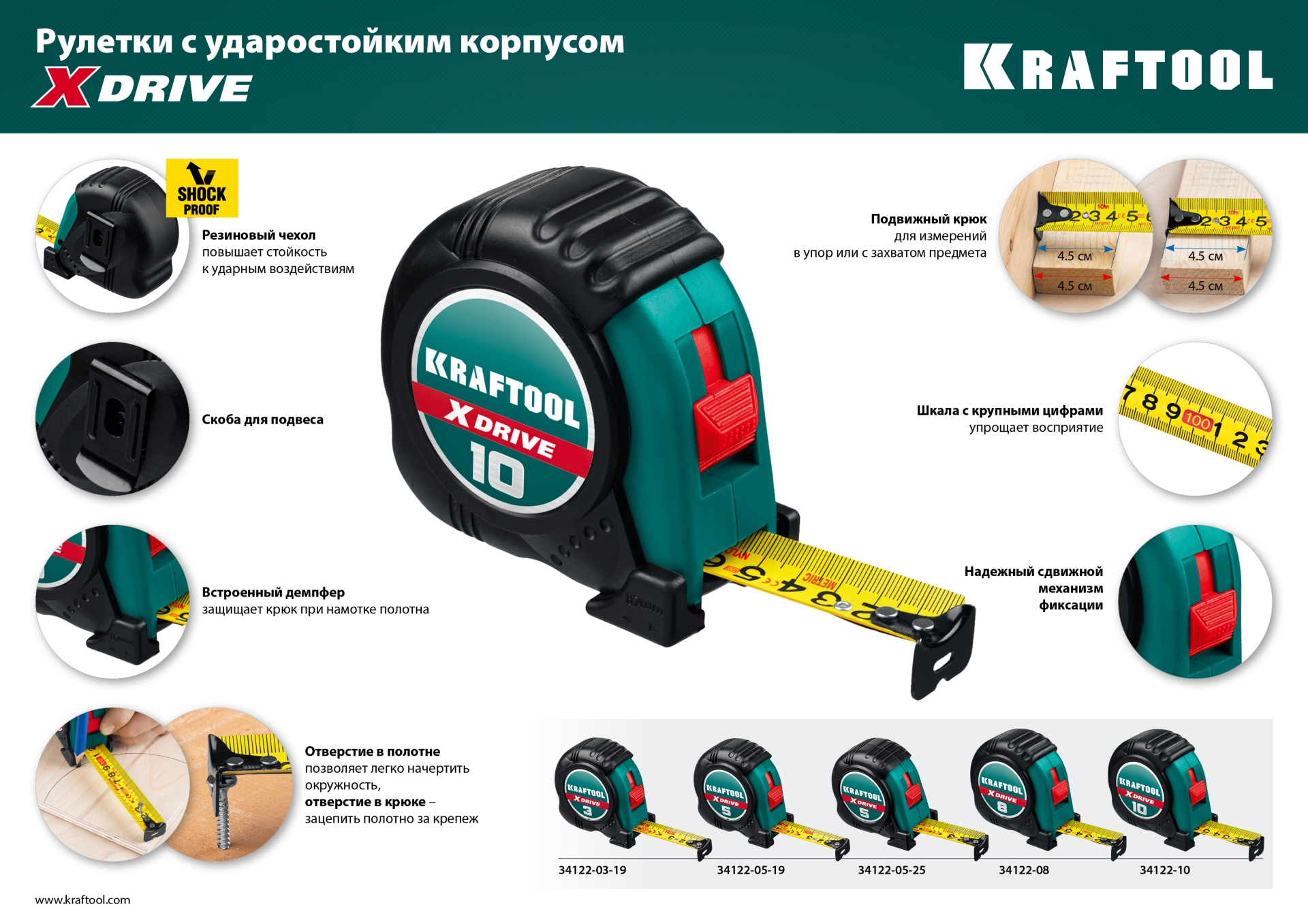 KRAFTOOL X-Drive, 5 м х 25 мм, рулетка (34122-05-25)