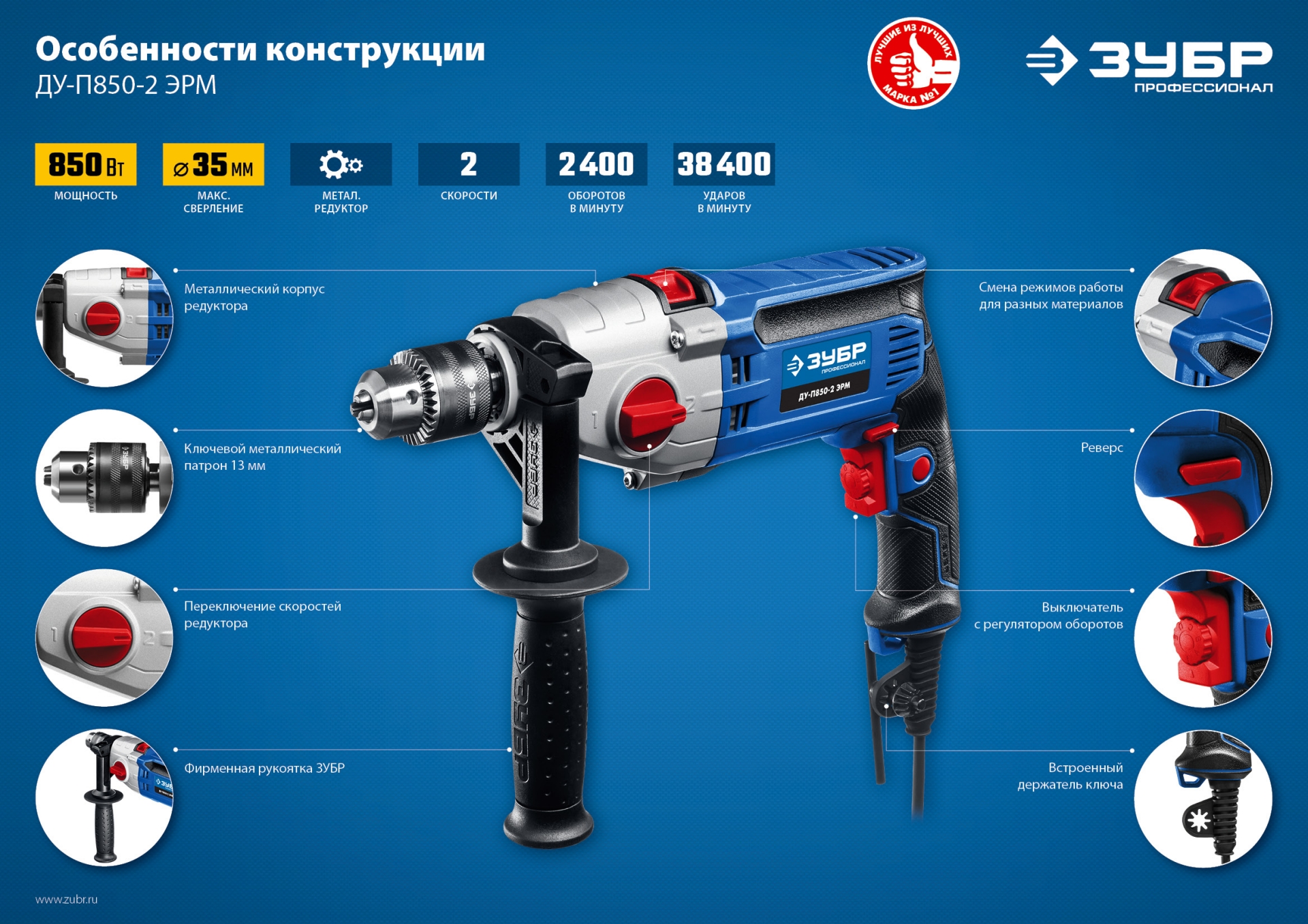 ЗУБР 850 Вт, 13 мм, 2 скорости, ударная дрель, мет. корпус, Профессионал (ДУ-П850 ЭРМ)
