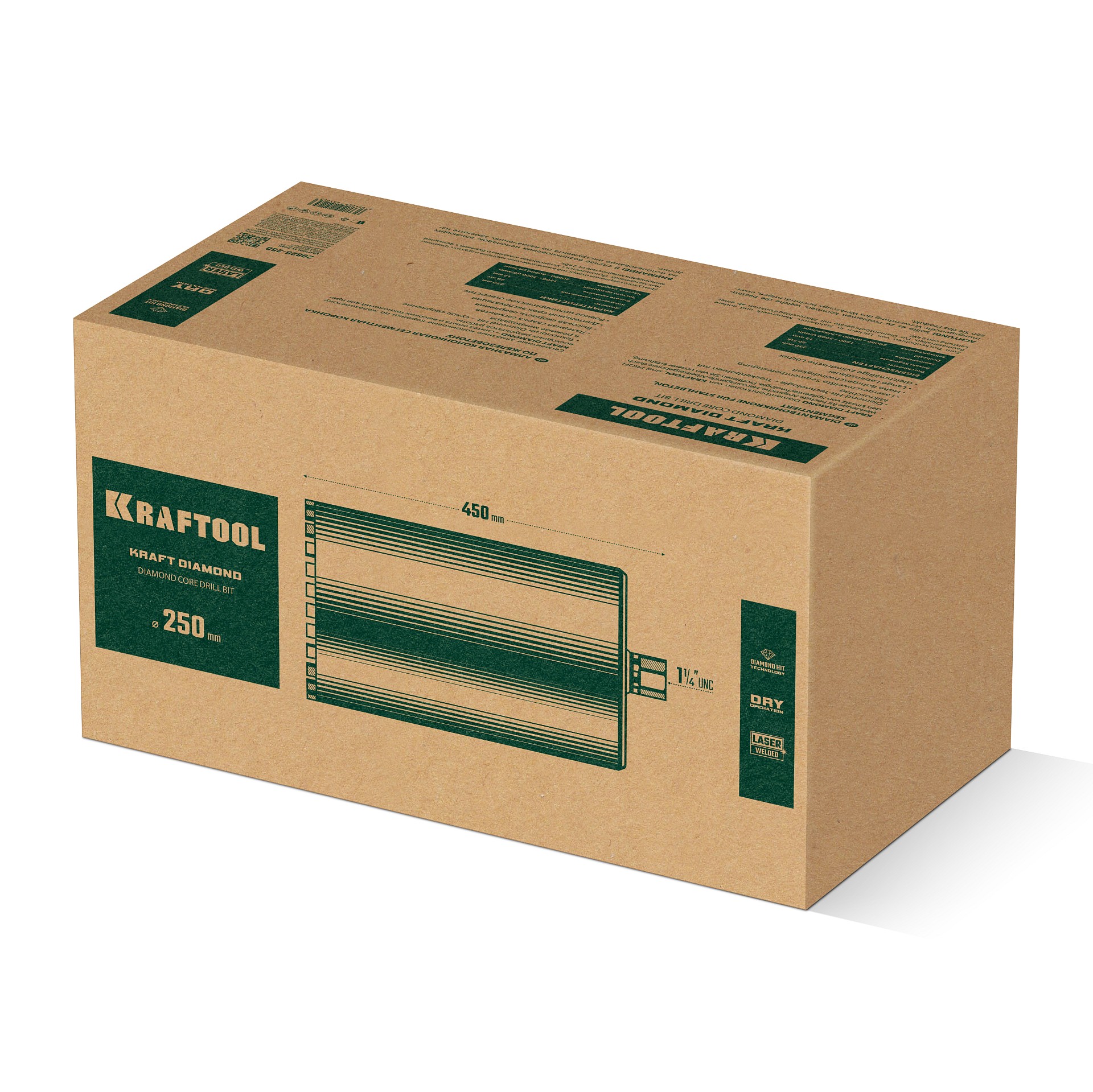 KRAFTOOL DIAMOND 250 мм (450 мм, 1 1/4″, лазерная сварка, сухое сверление с микроударом), алмазная коронка по железобетону (29825-250)