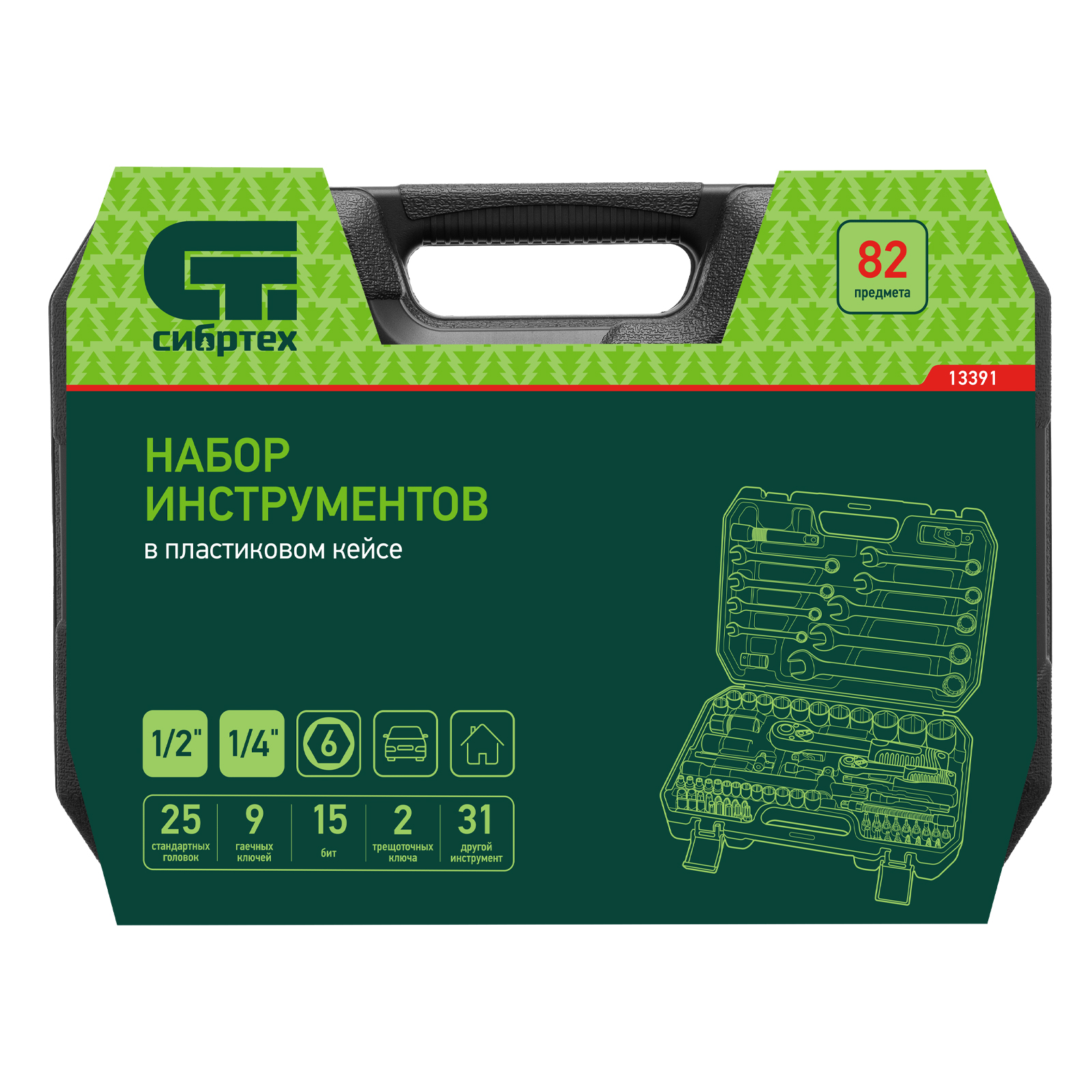 Набор инструментов, 1/2", 1/4", пластиковый кейс, 82 предмета Сибртех