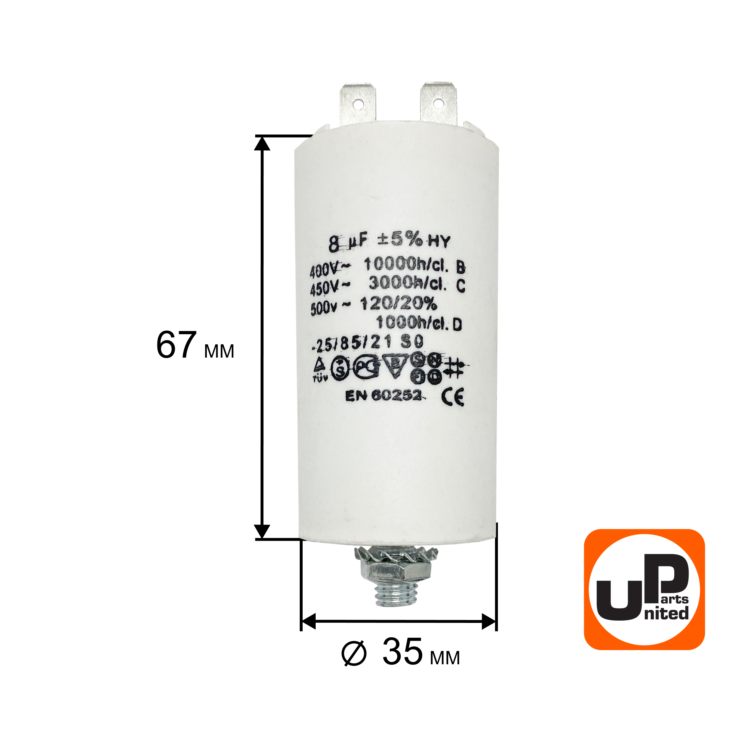 Конденсатор UNITED PARTS CBB60, 8 мкФ, 450В, 2 клеммы, шпилька M8 (90-0985), шт