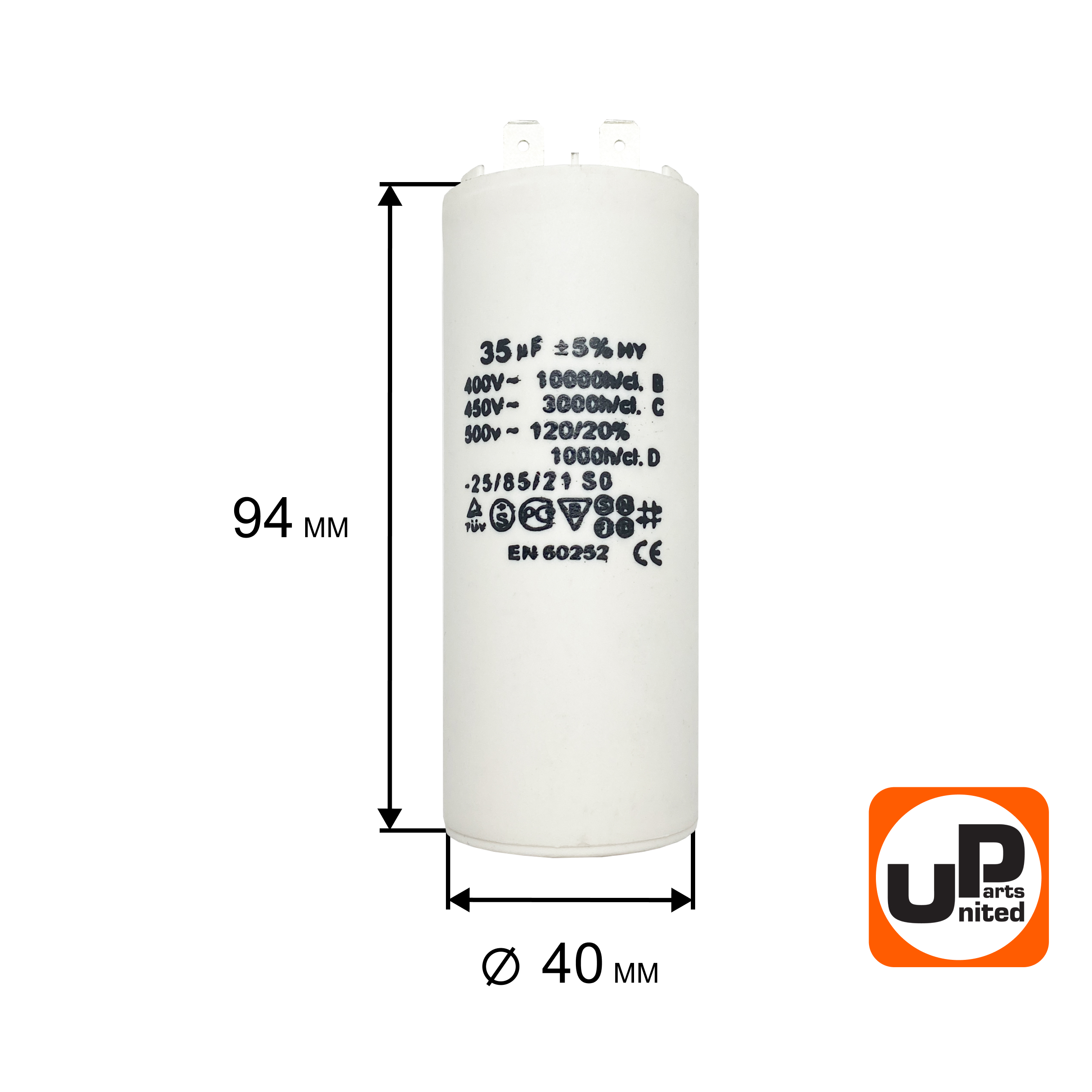 Конденсатор UNITED PARTS CBB60, 35 мкФ, 450В, 2 клеммы (90-0980), шт