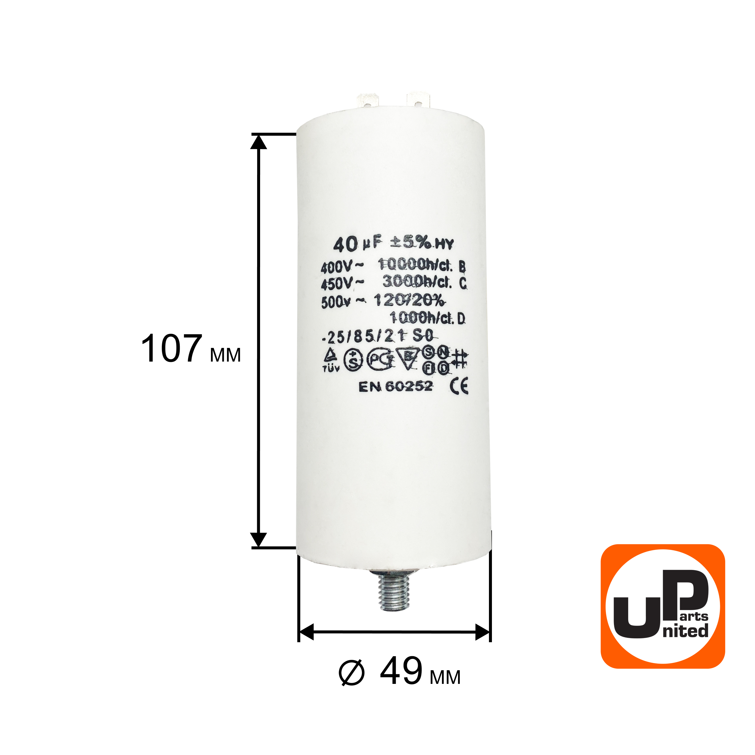 Конденсатор UNITED PARTS CBB60, 40 мкФ, 450В, 2 клеммы, шпилька M8 (90-0995), шт