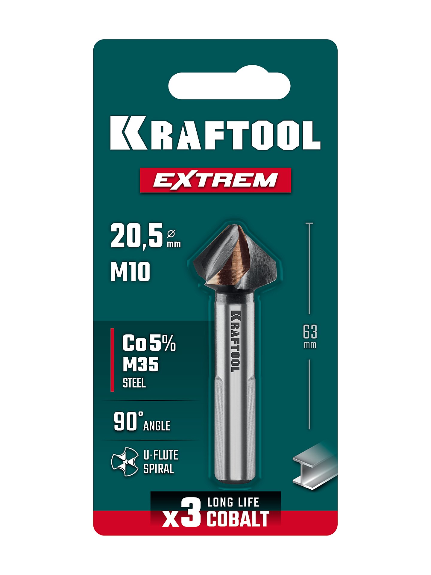 KRAFTOOL EXTREM, d 20.5х10х63 мм, Z3, 90°, сталь M35, U-образная спираль, зенковка (29734-10)