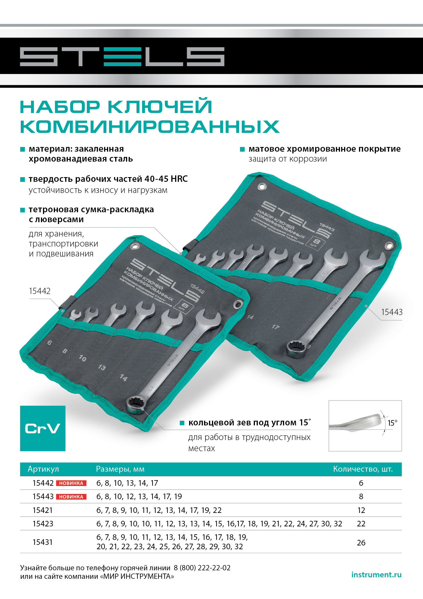 Набор ключей комбинированных 6-17 мм, 6 шт., CrV, матовый хром Stels
