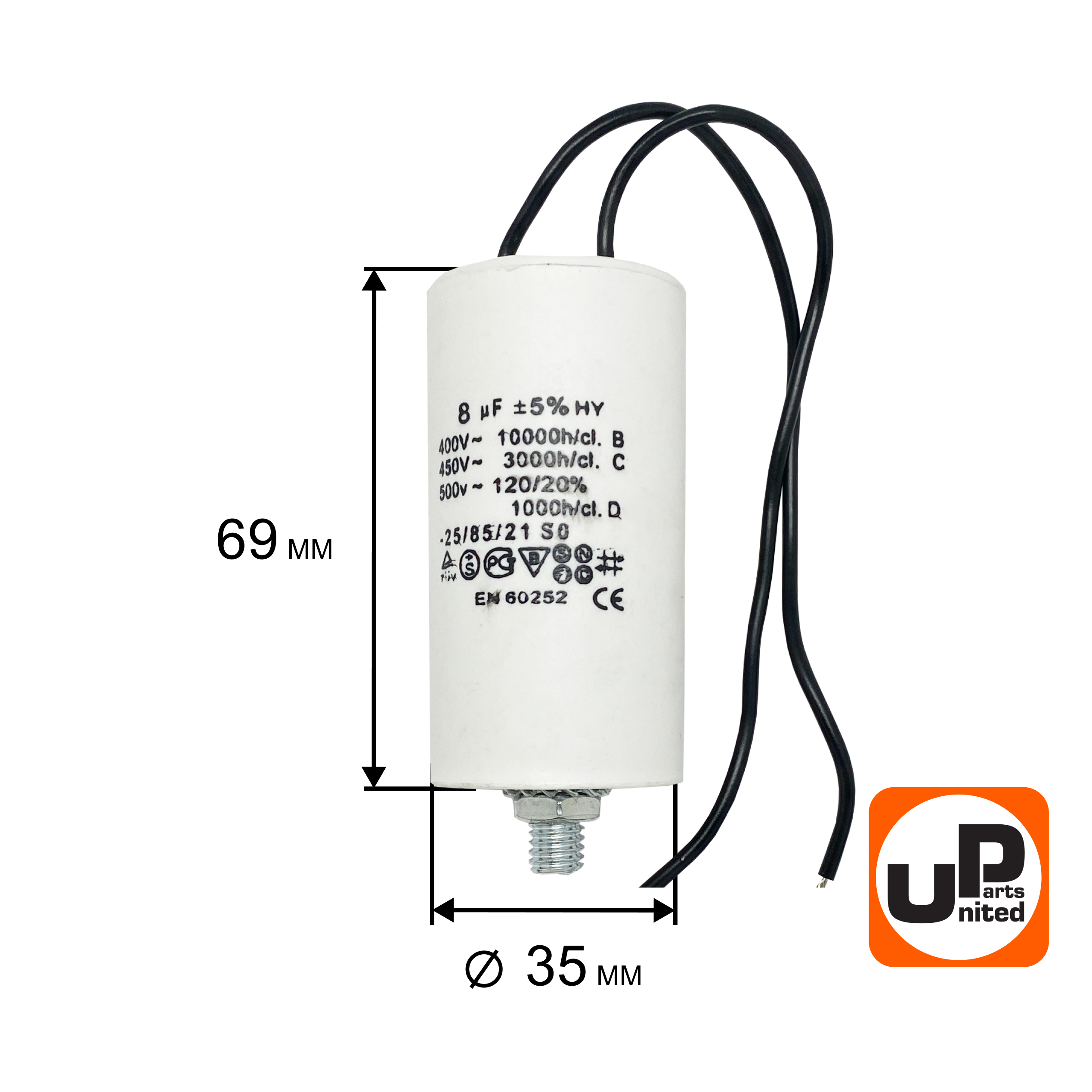 Конденсатор UNITED PARTS CBB60, 8 мкФ, 450В, гибкие выводы, шпилька М8 (90-1000), шт