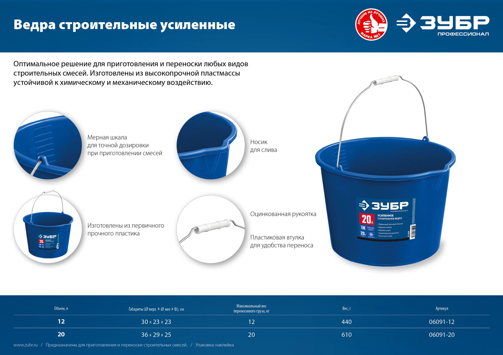 ЗУБР 20 л, первичный высокопрочный пластик, с носиком, усиленное строительное ведро, Профессионал (06091-20)