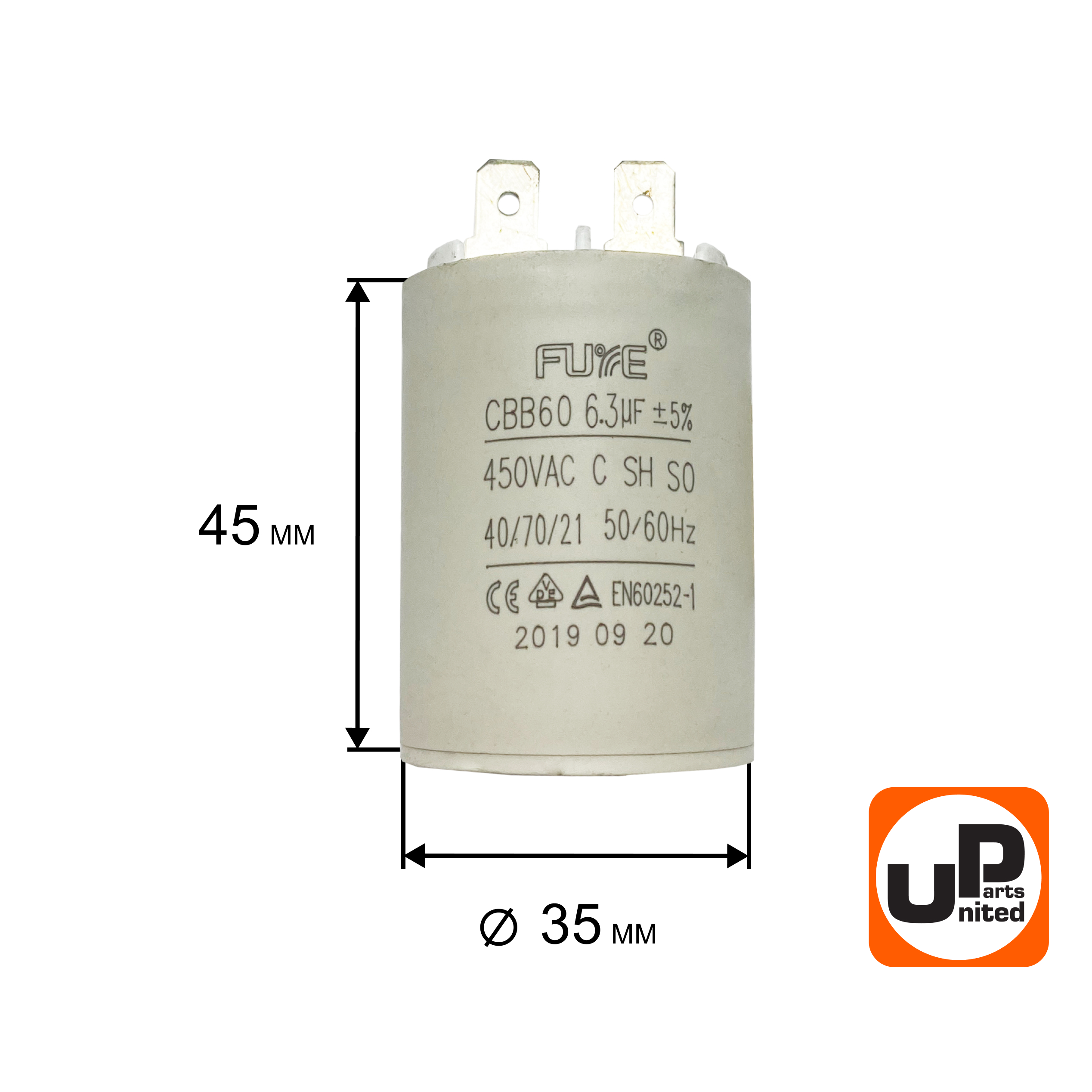 Конденсатор UNITED PARTS CBB60, 6.3 мкФ, 450В, клеммы (90-0351), шт