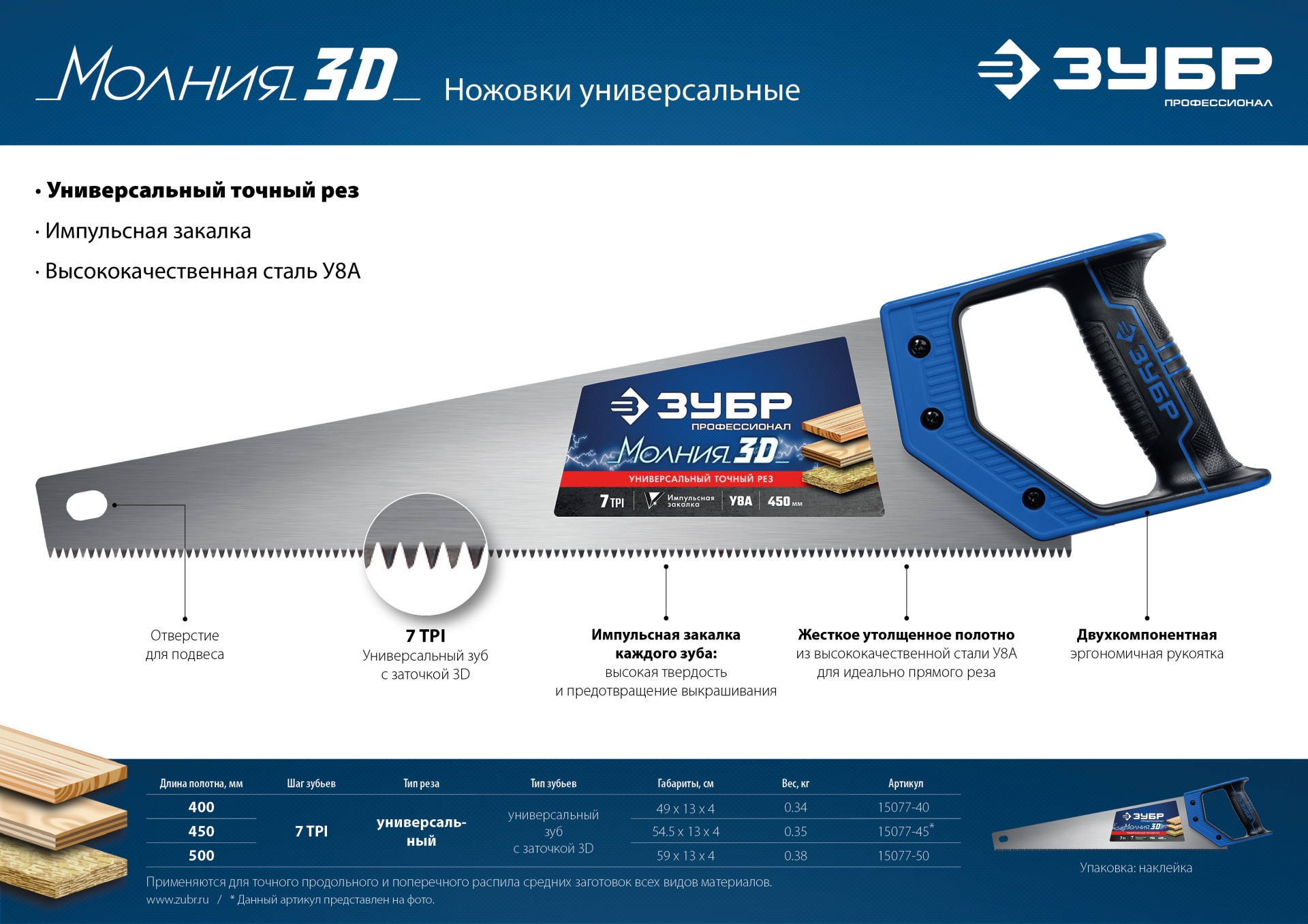 ЗУБР Молния-3D, 450 мм, 7TPI, универсальная ножовка, Профессионал (15077-45)