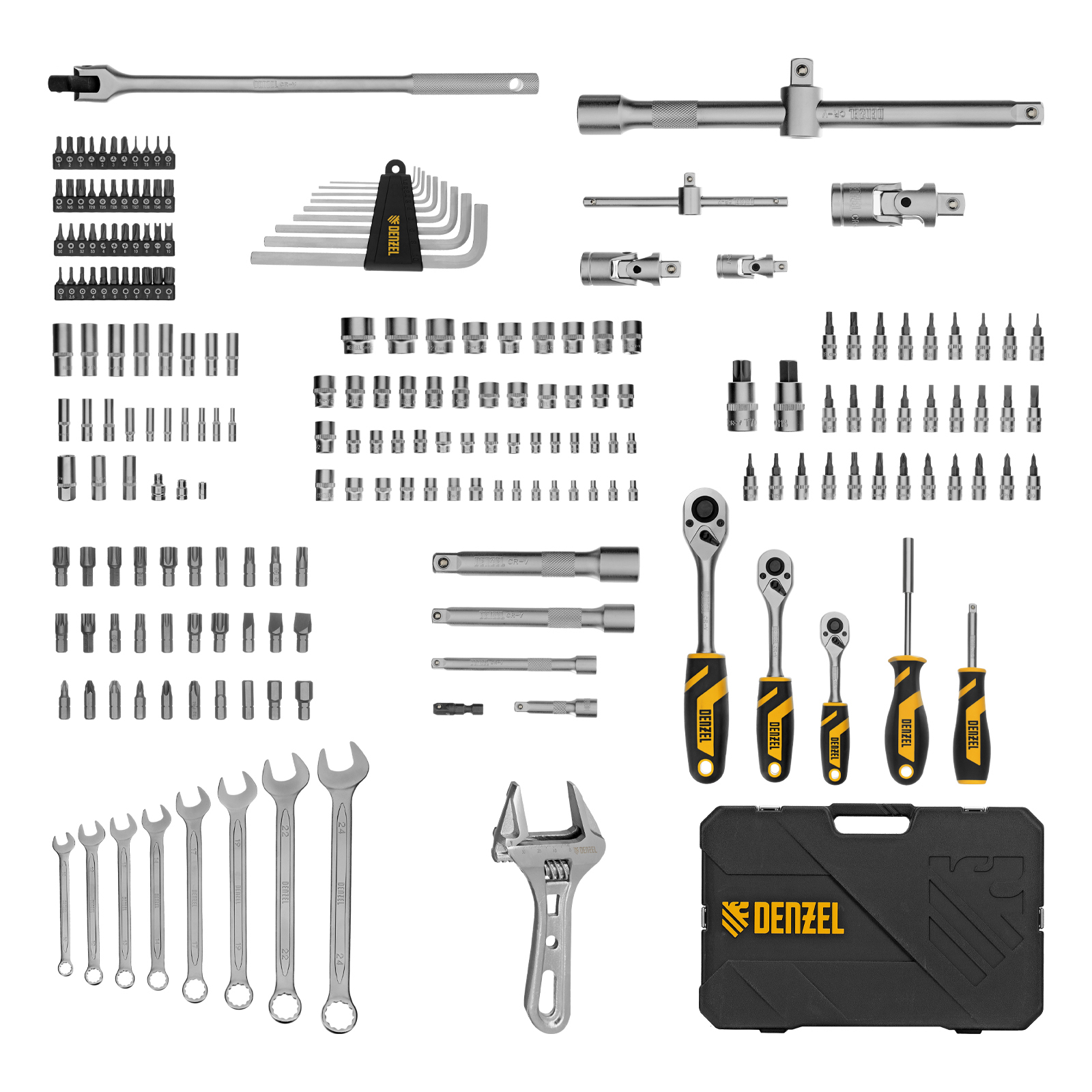 Набор инструментов, 1/2", 1/4", 3/8", CrV, S2, пластиковый кейс, 216 предметов Denzel