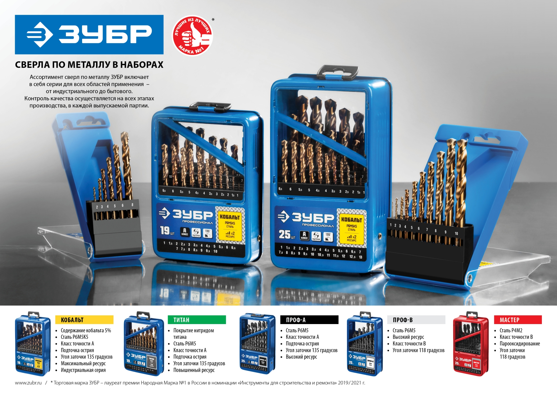 ЗУБР ТИТАН, 19 шт, (1-10 мм), сталь Р6М5, класс А, титановое покрытие, набор сверл по металлу, Профессионал (29617-H19)