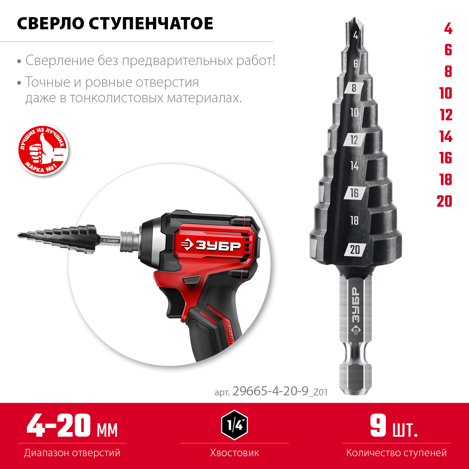 ЗУБР 4-20мм, 9 ступеней, сверло ступенчатое(29665-4-20-9)