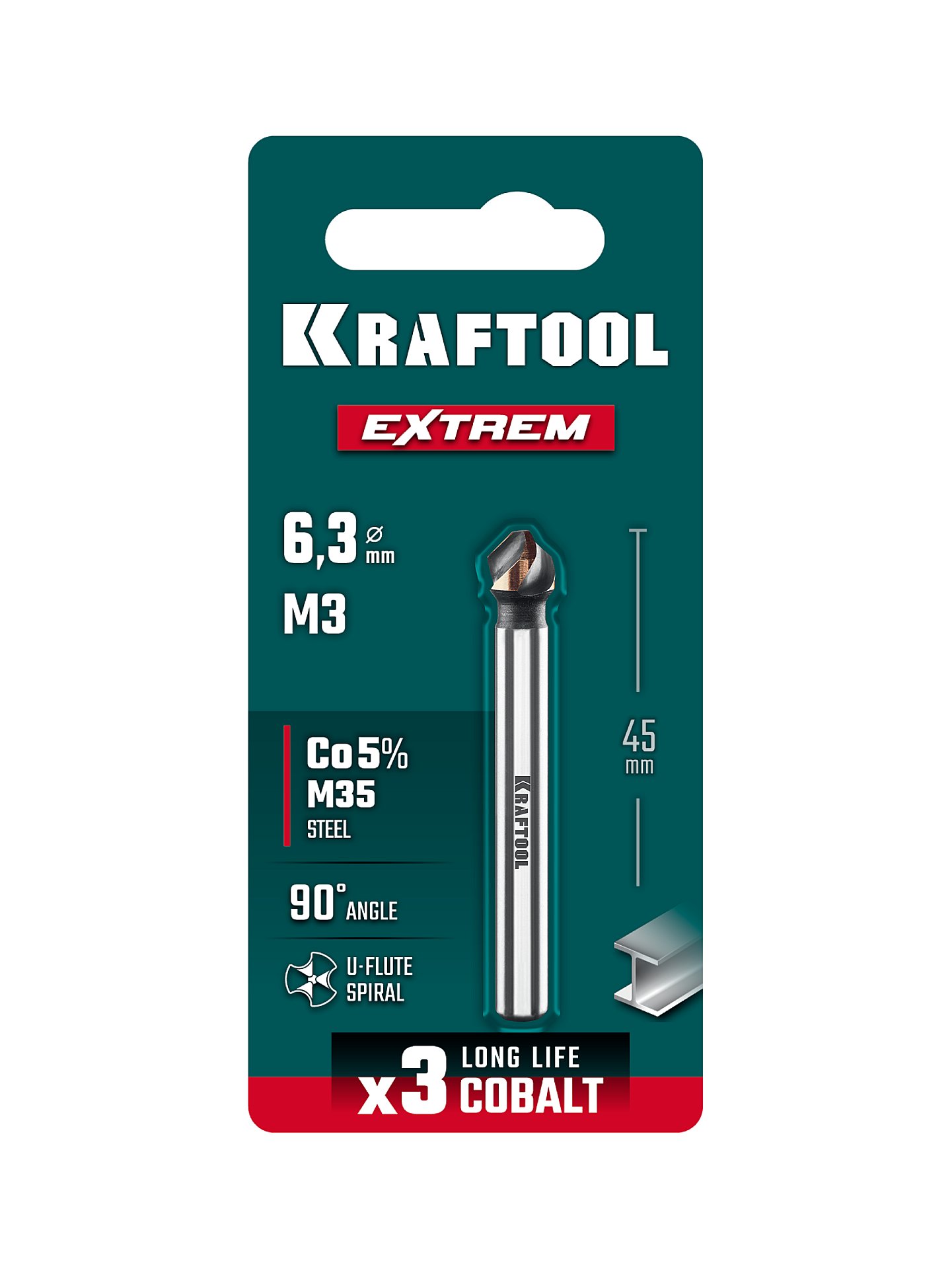 KRAFTOOL EXTREM, d 6.3x5х45 мм, Z3, 90°, сталь M35, U-образная спираль, зенковка (29734-3)