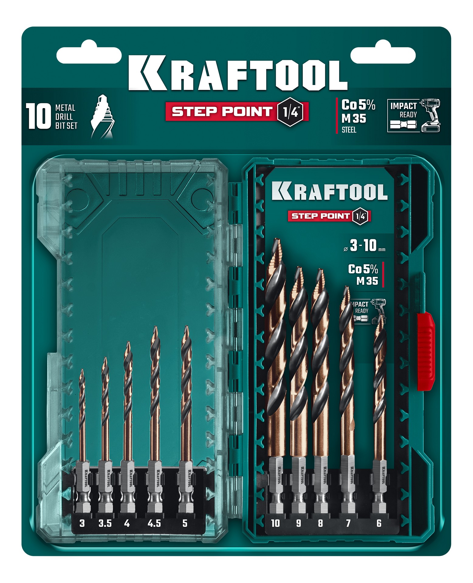 KRAFTOOL STEP POINT, 10 шт, набор сверл по металлу для винтовёртов и шуруповертов IMPACT READY (29653-H10)