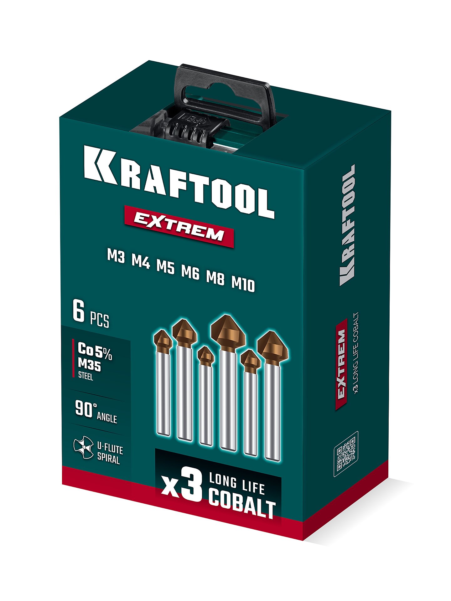 KRAFTOOL EXTREM, 6 шт (6.3, 8.3, 10.4, 12.4, 16.5, 20.5 мм), Z3, 90°, сталь M35, U-образная спираль, набор зенковок (29734-H6)