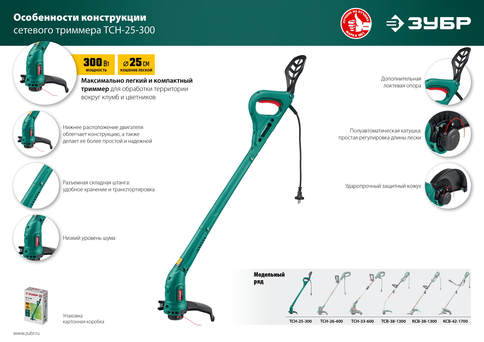ЗУБР 300 Вт, ш/с 25 см, сетевой триммер (ТСН-25-300)