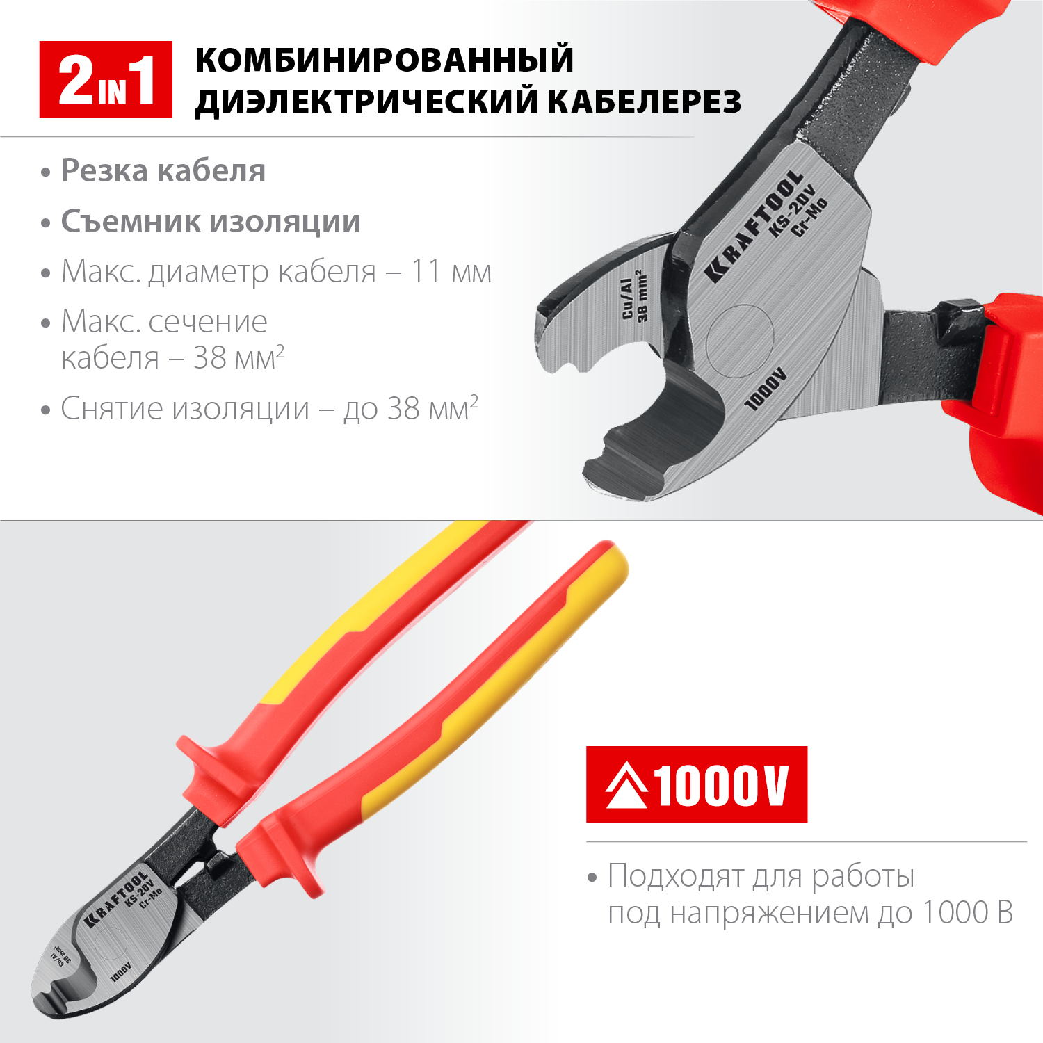 KRAFTOOL KS-20V, 1000 В, d 11мм, 200мм, диэлектрический кабелерез (23333-20V)