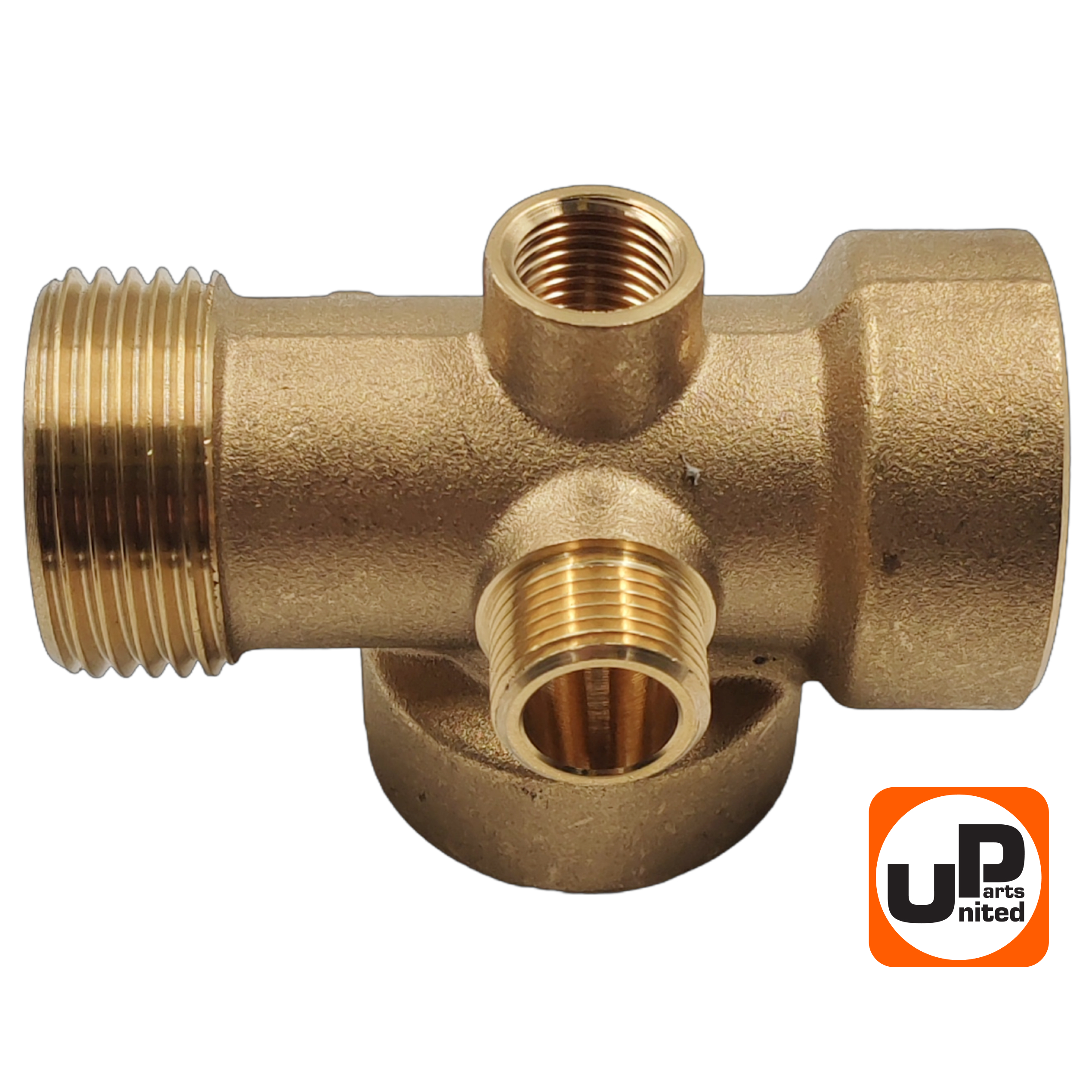 Штуцер UNITED PARTS 5-выводной  3/8"M(реле)×1/4"F(манометр)×1"F(пробка)×1"F(шланг)×1"M(насос), шт