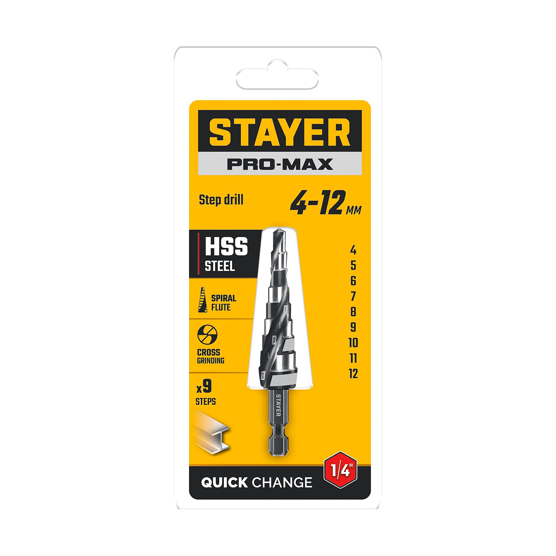 STAYER Pro-Max 4-12мм, 9 ступеней, винтовая спираль, сверло ступенчатое (29661-4-12-9)