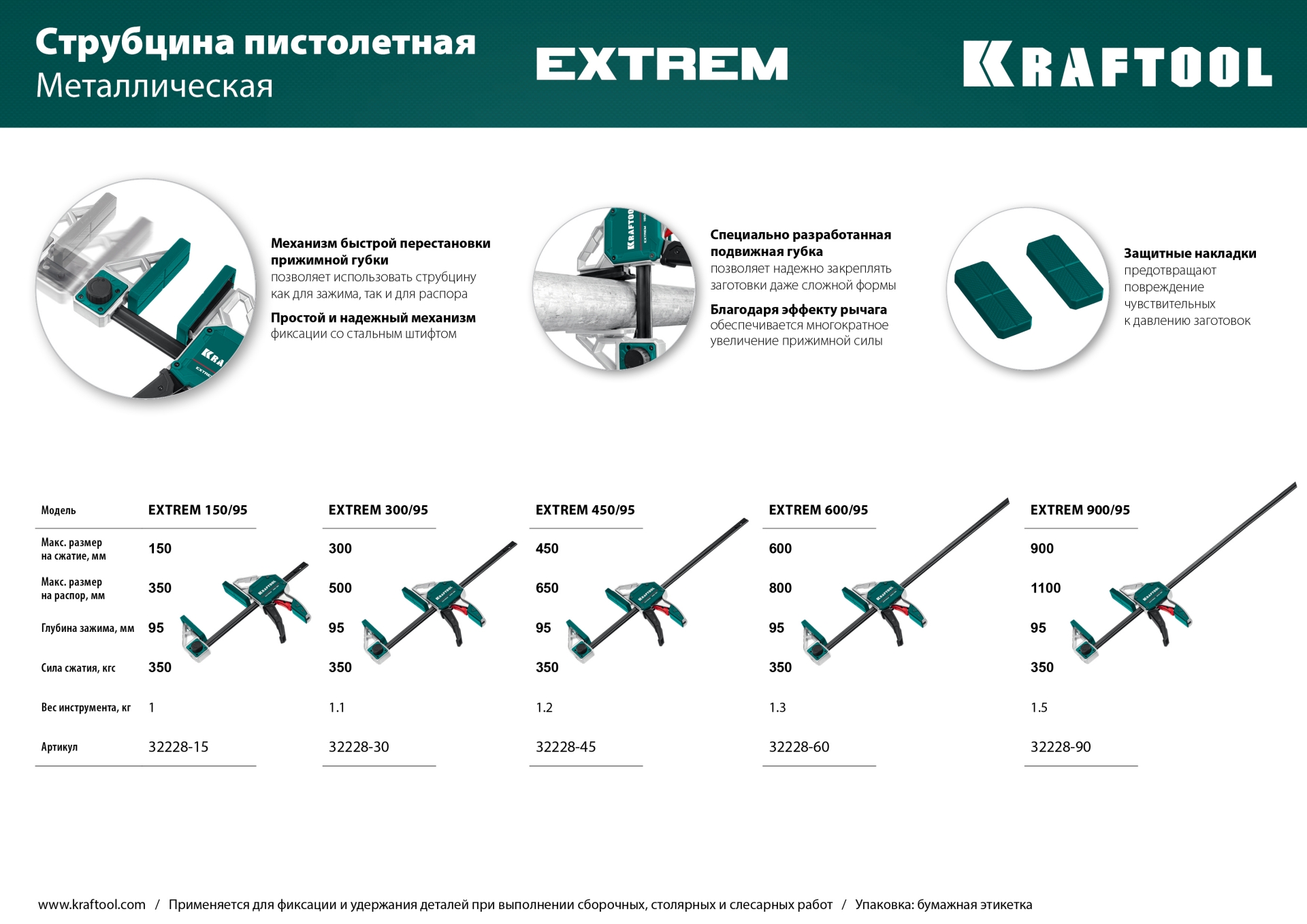 KRAFTOOL Extrem 300/95, пистолетная струбцина (32228-30)