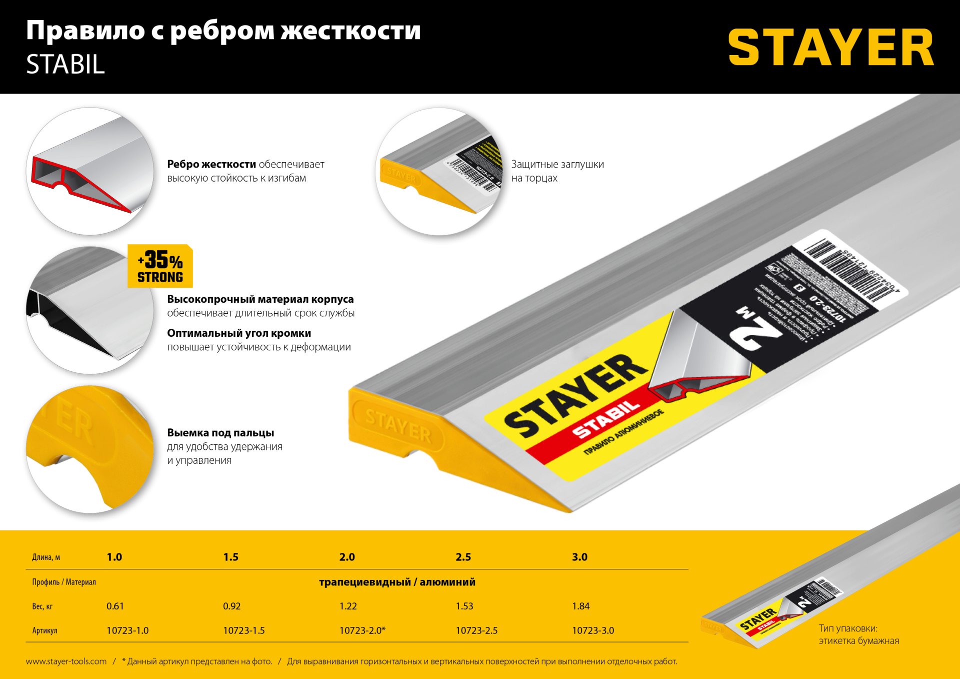 STAYER STABIL 3 м, правило алюминиевое, Professional (10723-3.0)