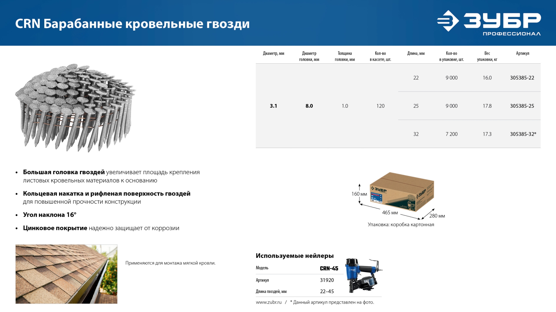 ЗУБР CRN 25 х 3.1 мм, барабанные гвозди кровельные оцинкованные, 9000 шт (305385-25)