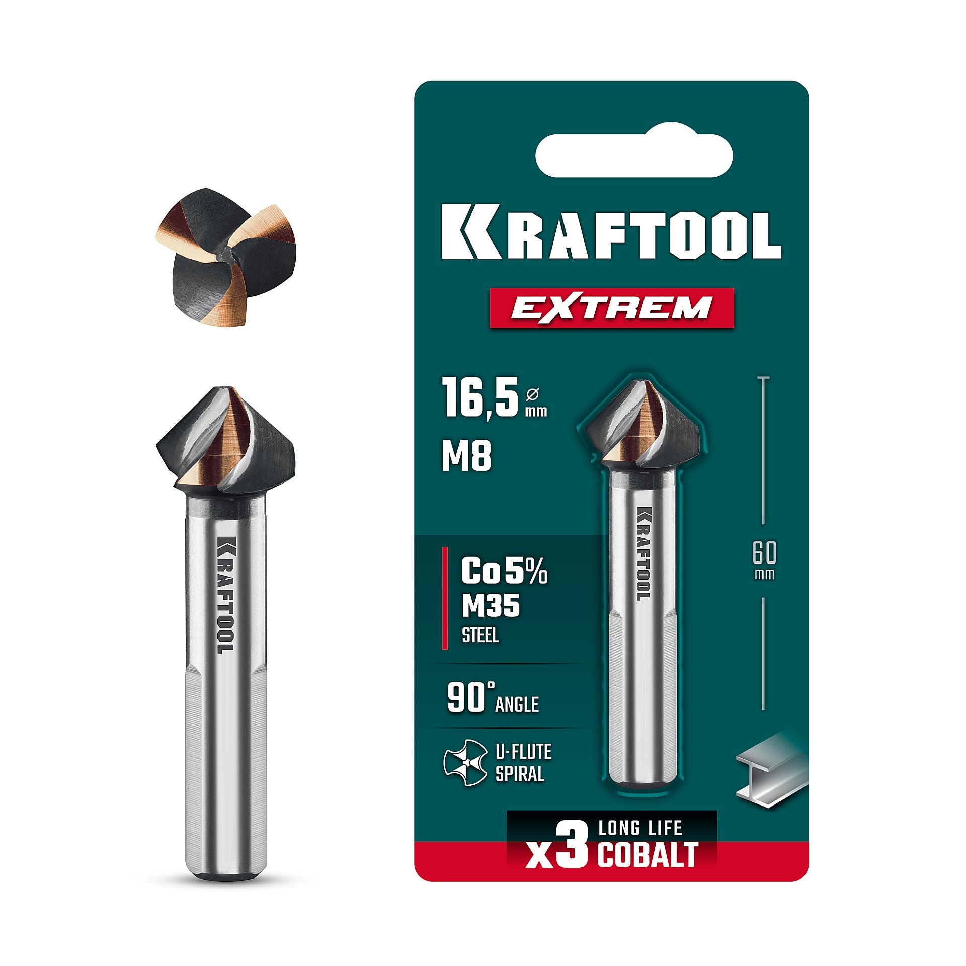 KRAFTOOL EXTREM, d 16.5х10х60 мм, Z3, 90°, сталь M35, U-образная спираль, зенковка (29734-8)