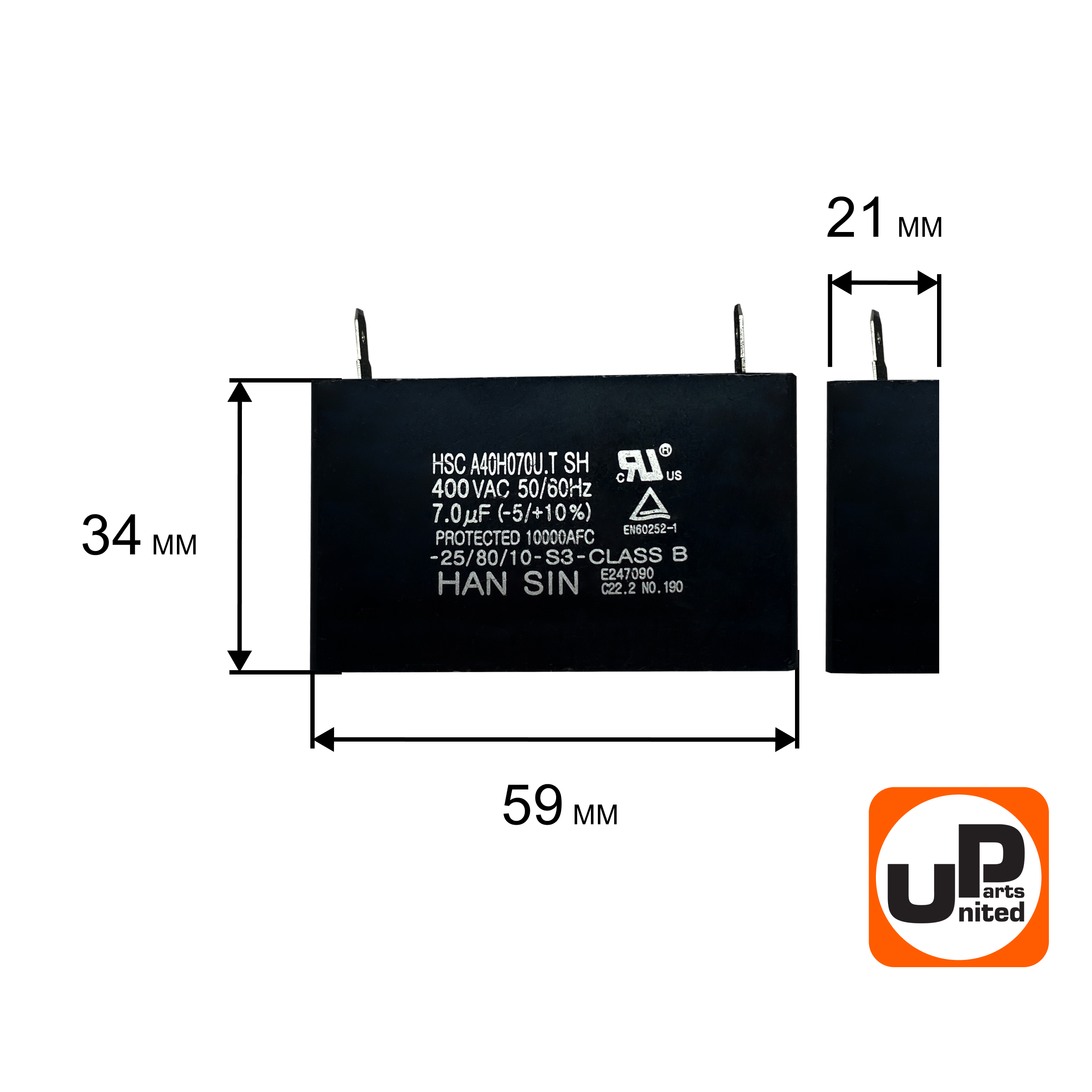 Конденсатор UNITED PARTS CBB61, 7 мкФ, 400В, клеммы (90-0345), шт