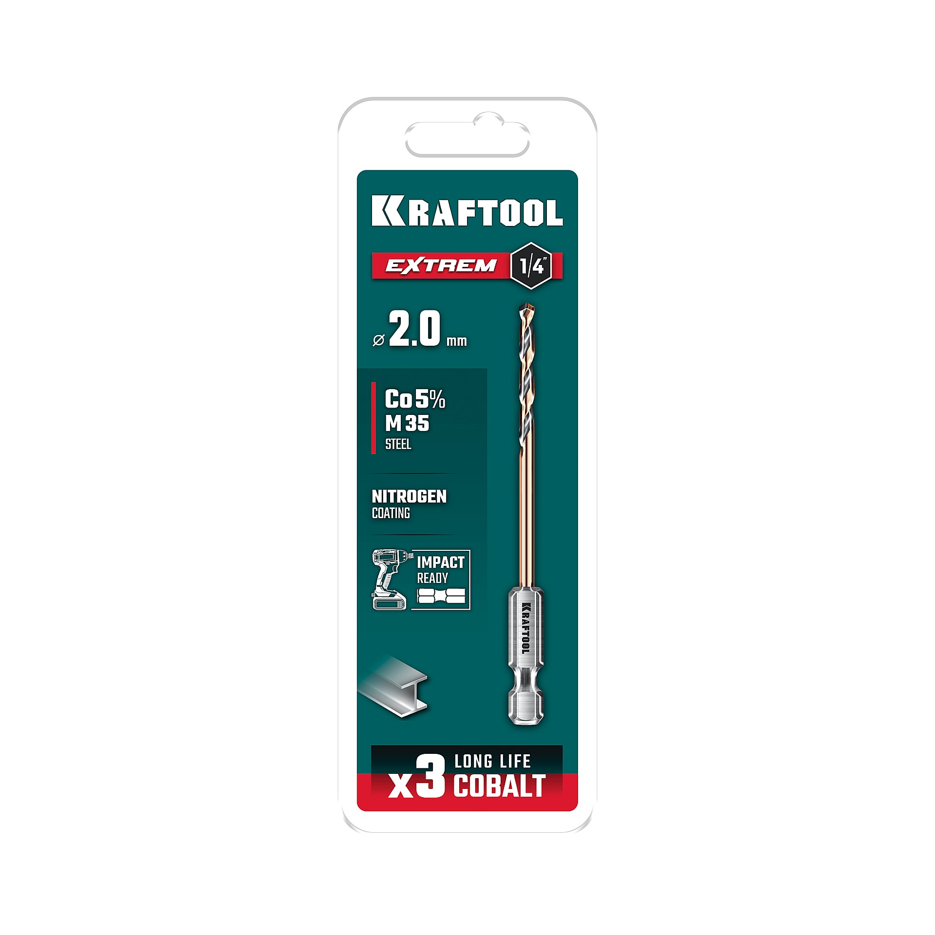 KRAFTOOL НЕХ-1/4″, d 2,0 х 60 мм, сверло по металлу для винтовёртов и шуруповертов IMPACT READY (29652-2)