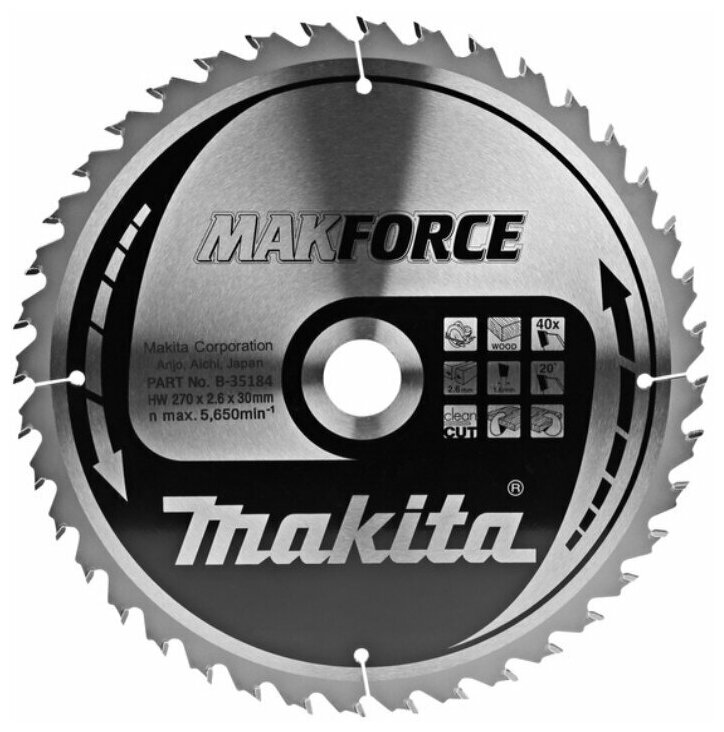 Диск пильный твёрдосплавный по дереву, ДСП MAKITA MAKFORCE,  270x30x1.6x40T (B-35184), шт