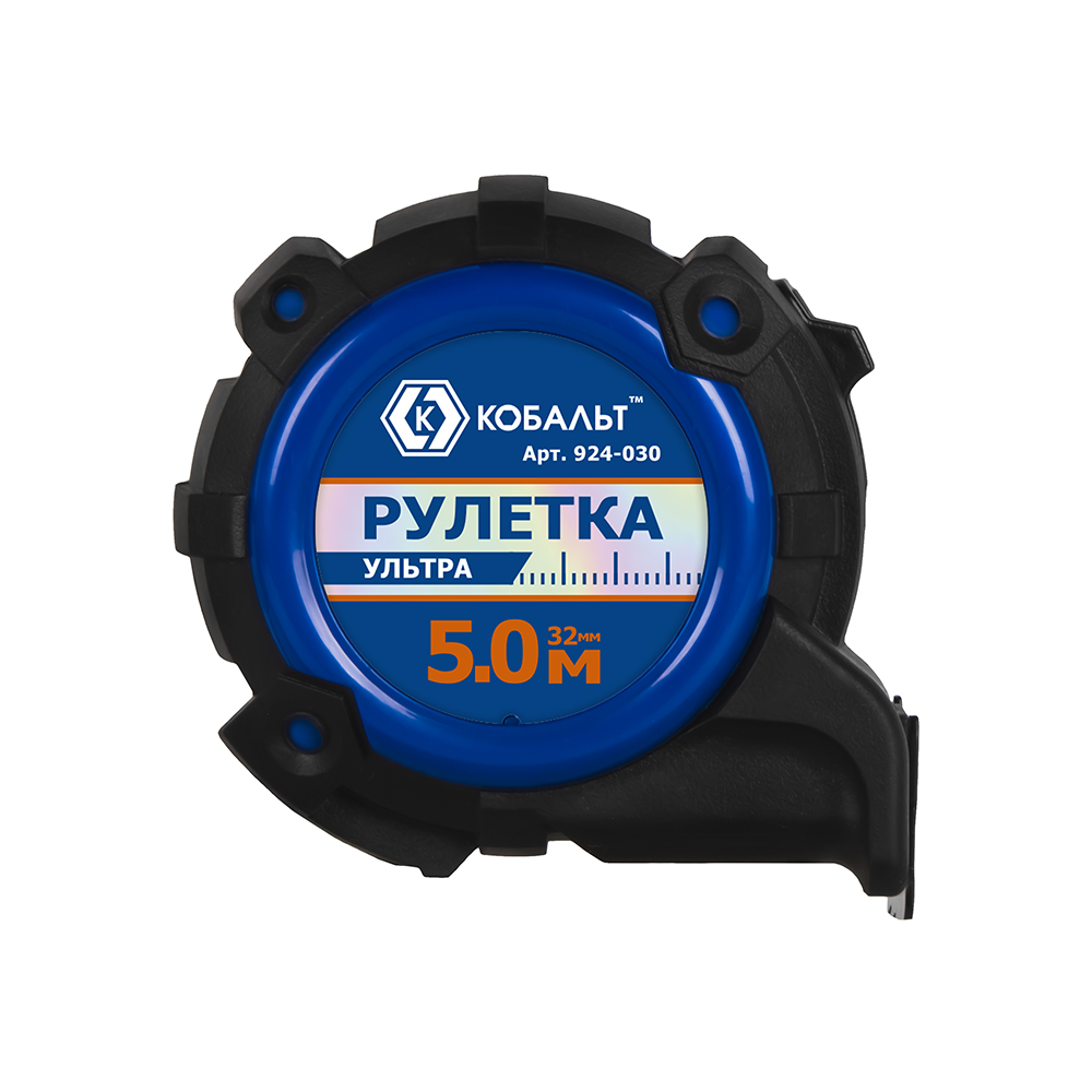 Рулетка КОБАЛЬТ УЛЬТРА 5м х 32мм, обрезиненный корпус, нейл. покр. ленты 0.13 мм, широкий магнит, тройной стопор, блист. подвес (924-030), шт