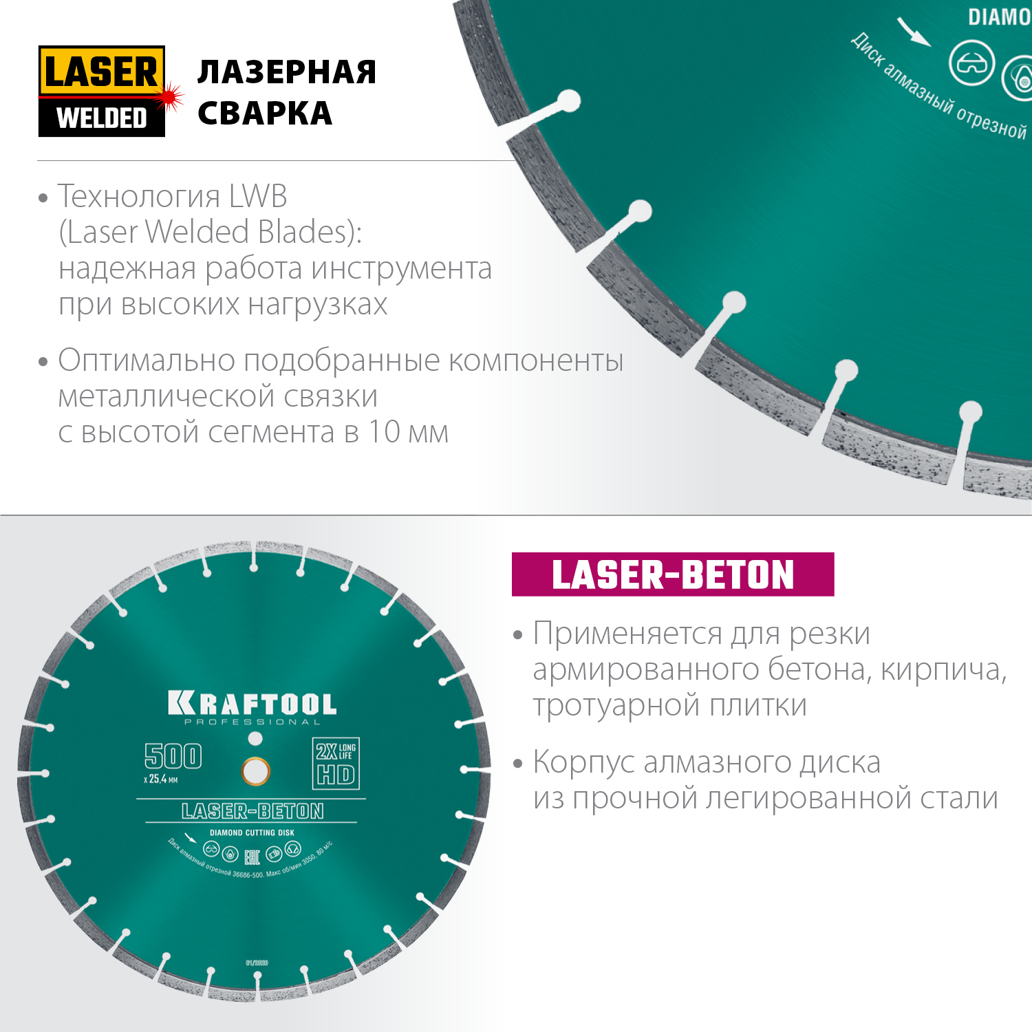 KRAFTOOL LASER-BETON 500 мм (25.4/20 мм, 10х4.5 мм), алмазный диск (36686-500)