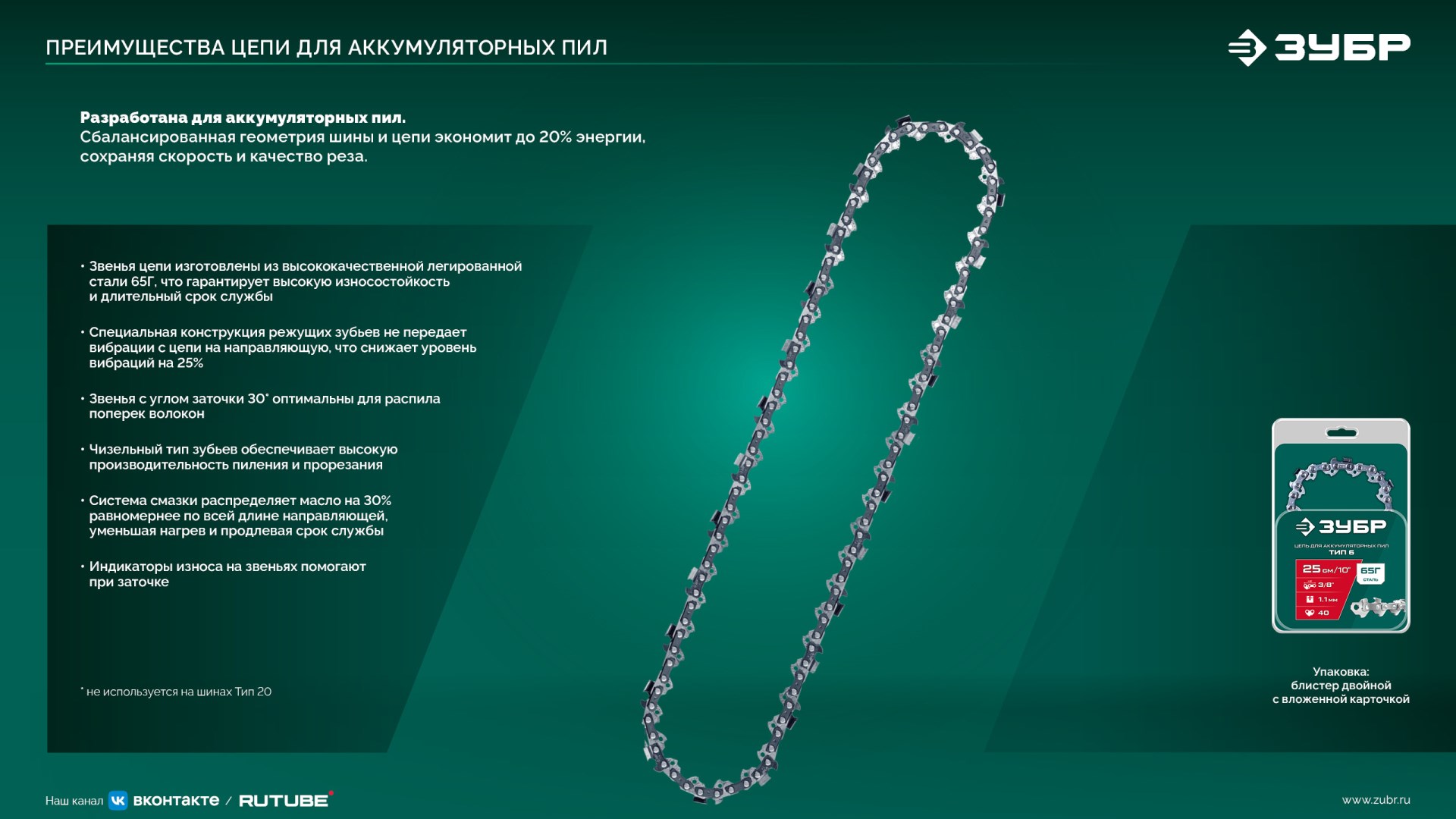 ЗУБР тип 20, 10 см, шаг 3/10″, паз 1.1 мм, 28 звеньев, цепь (71320-10)