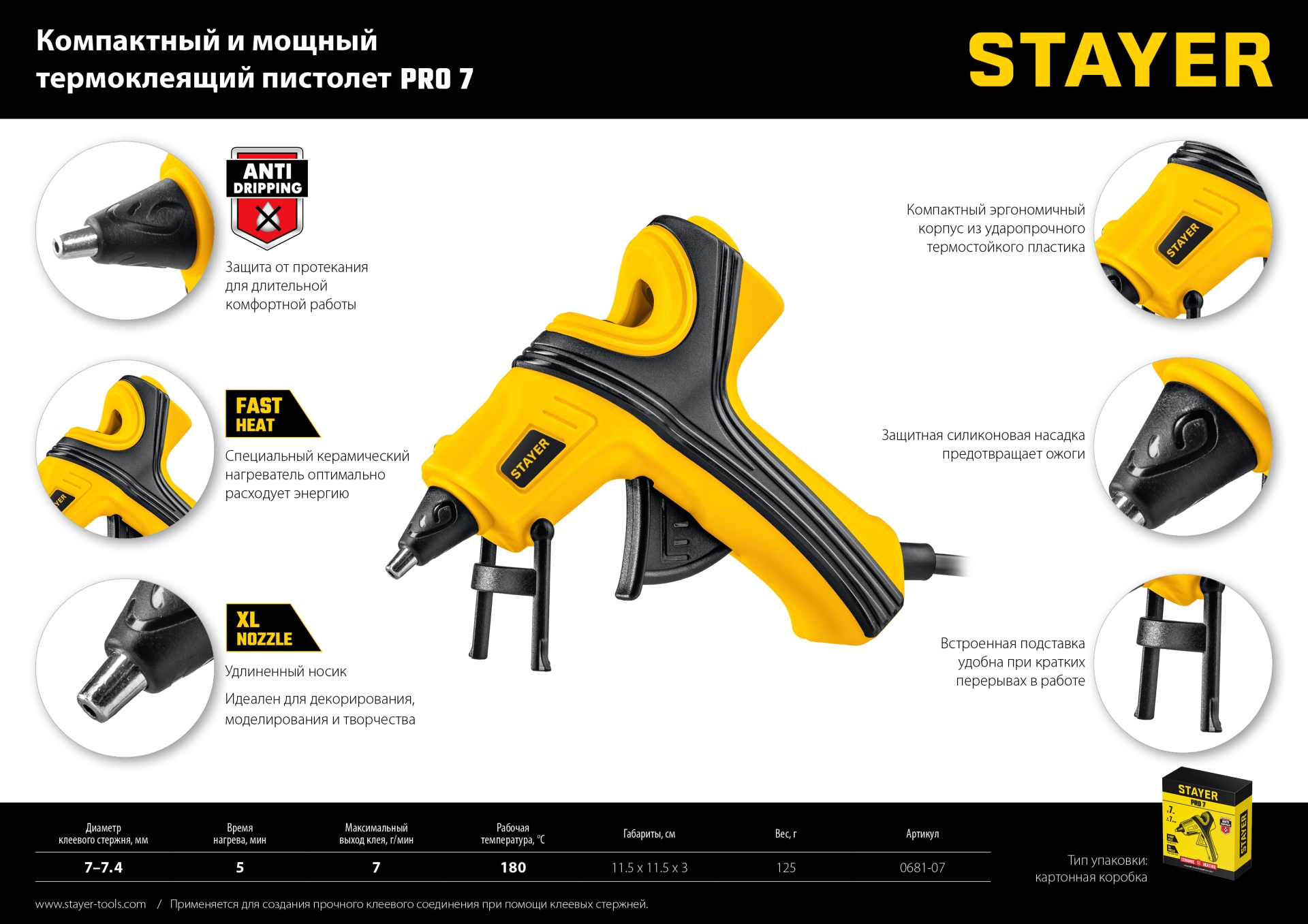 STAYER PRO 7, d 7 мм, 7 г/мин, электрический, пистолет термоклеевой, Professional (0681-07)