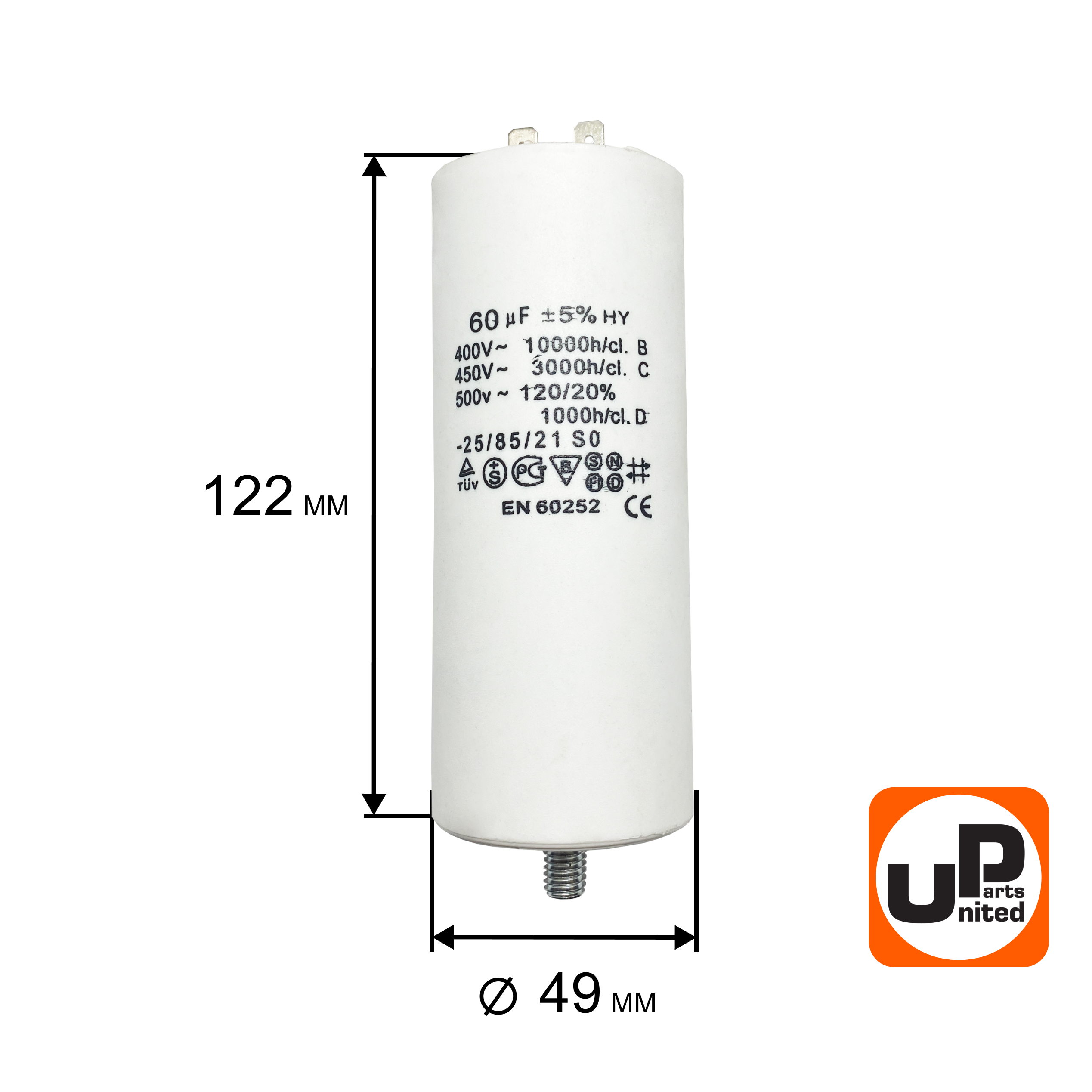 Конденсатор UNITED PARTS CBB60, 60 мкФ, 450В, 2 клеммы, шпилька M8 (90-0999), шт