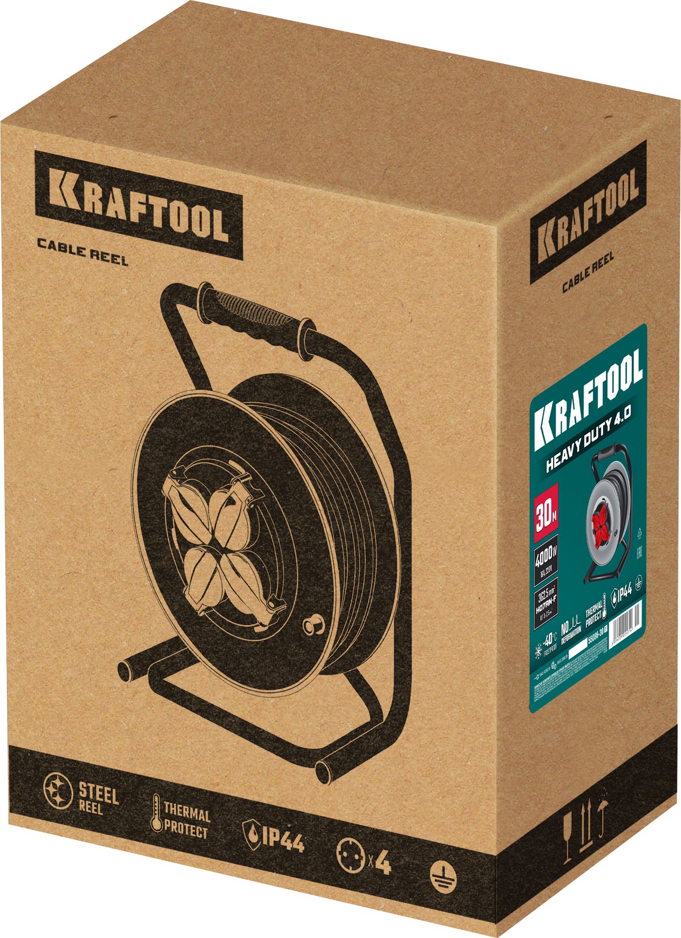 KRAFTOOL HEAVY DUTY 4.0, КГ 3х2.5 30м 4000Вт IP44, силовой удлинитель на стальной катушке (55086-30)