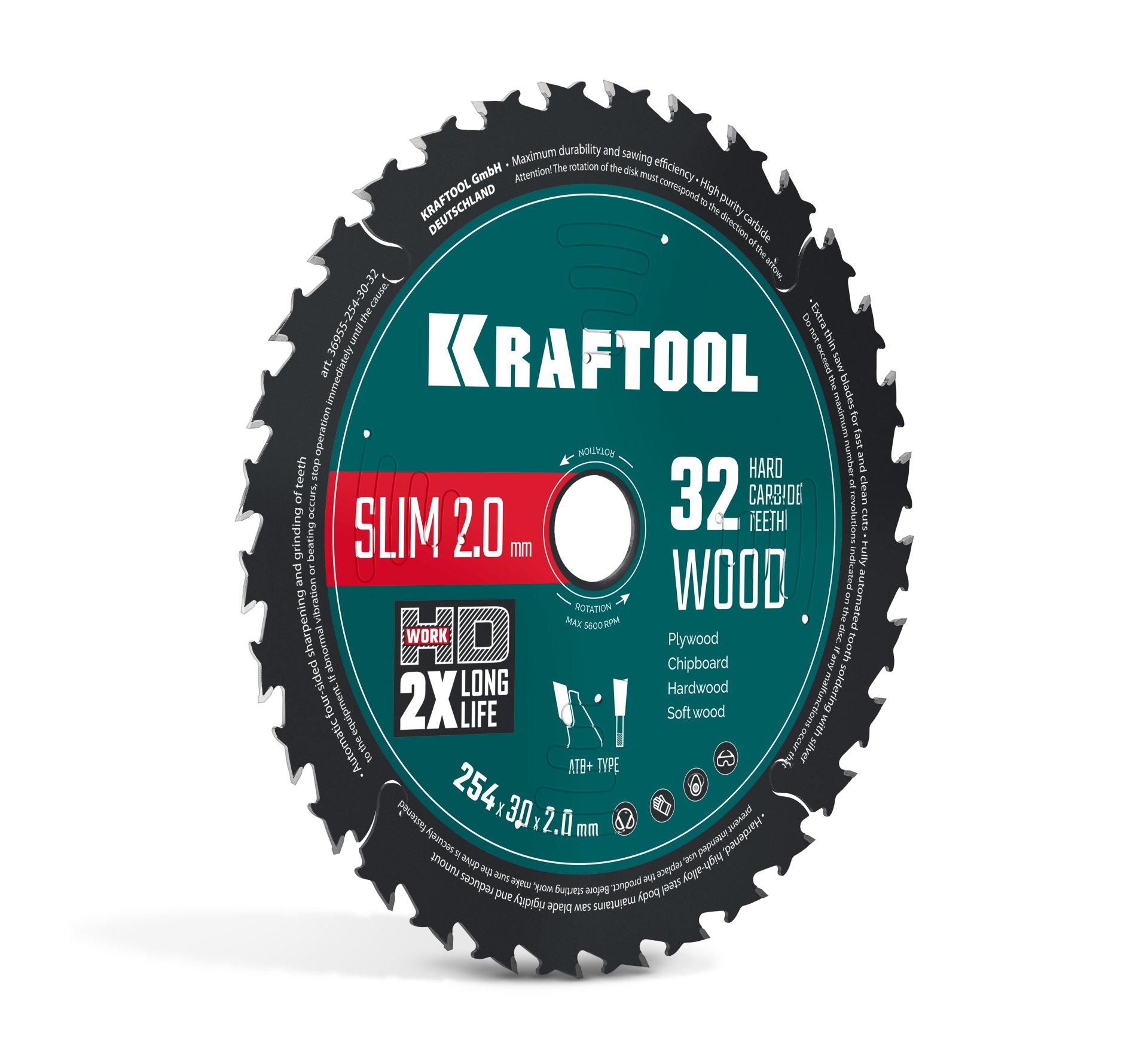 KRAFTOOL Slim wood cut 254 х 30 x 2.0 мм, 32Т, диск пильный по дереву, (36955-254-30-32)