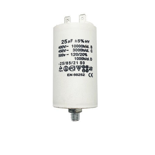 Конденсатор UNITED PARTS CBB60, 25 мкФ, 450В, 2 клеммы, шпилька M8 (90-0992), шт