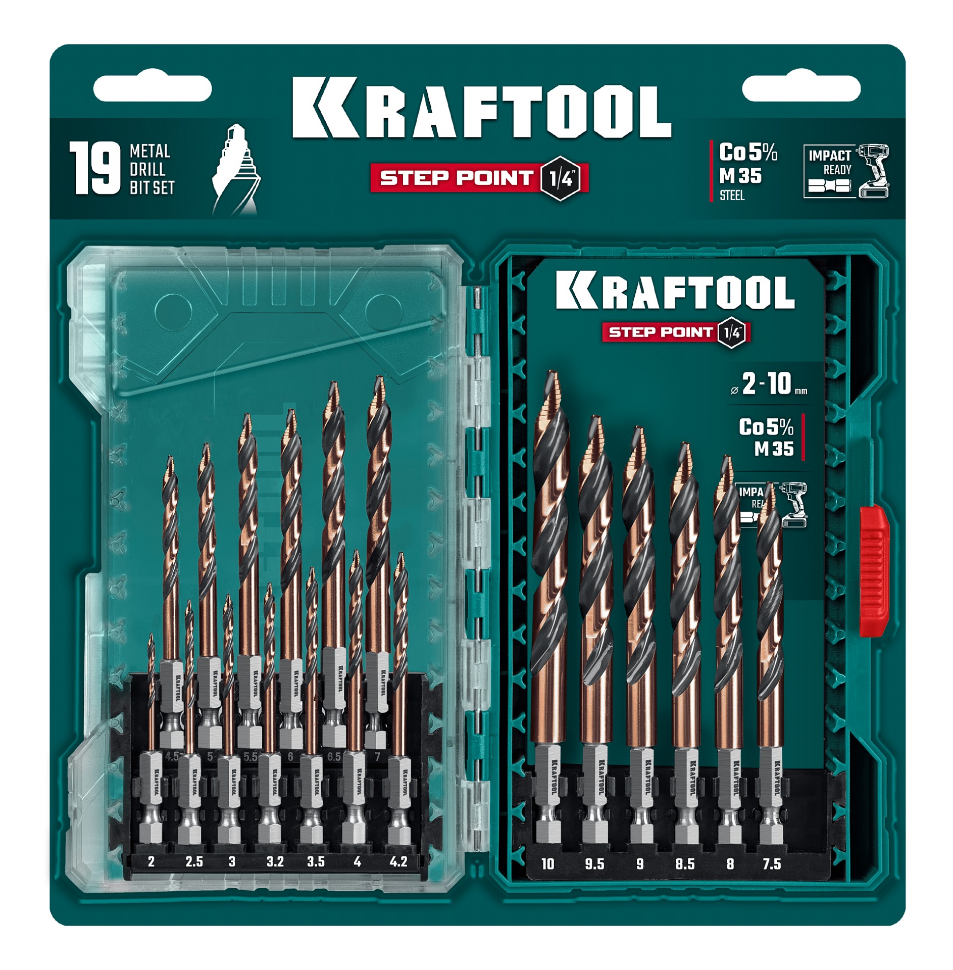 KRAFTOOL STEP POINT, 19 шт, набор сверл по металлу для винтовёртов и шуруповертов IMPACT READY (29653-H19)