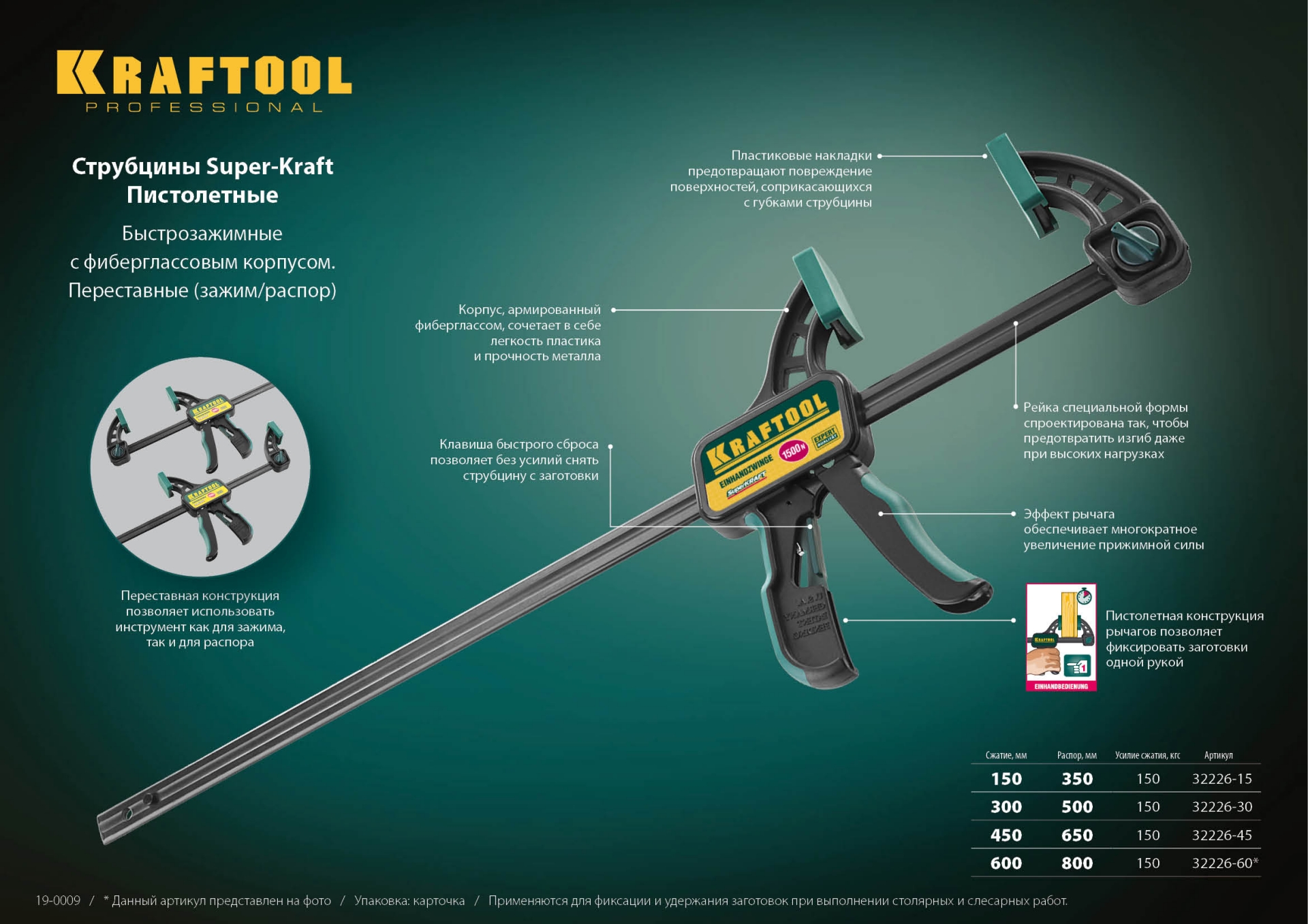 Струбцина ″EcoKraft″ ручная пистолетная, KRAFTOOL 32226-45, пластиковый корпус, 450/650мм, 150кгс