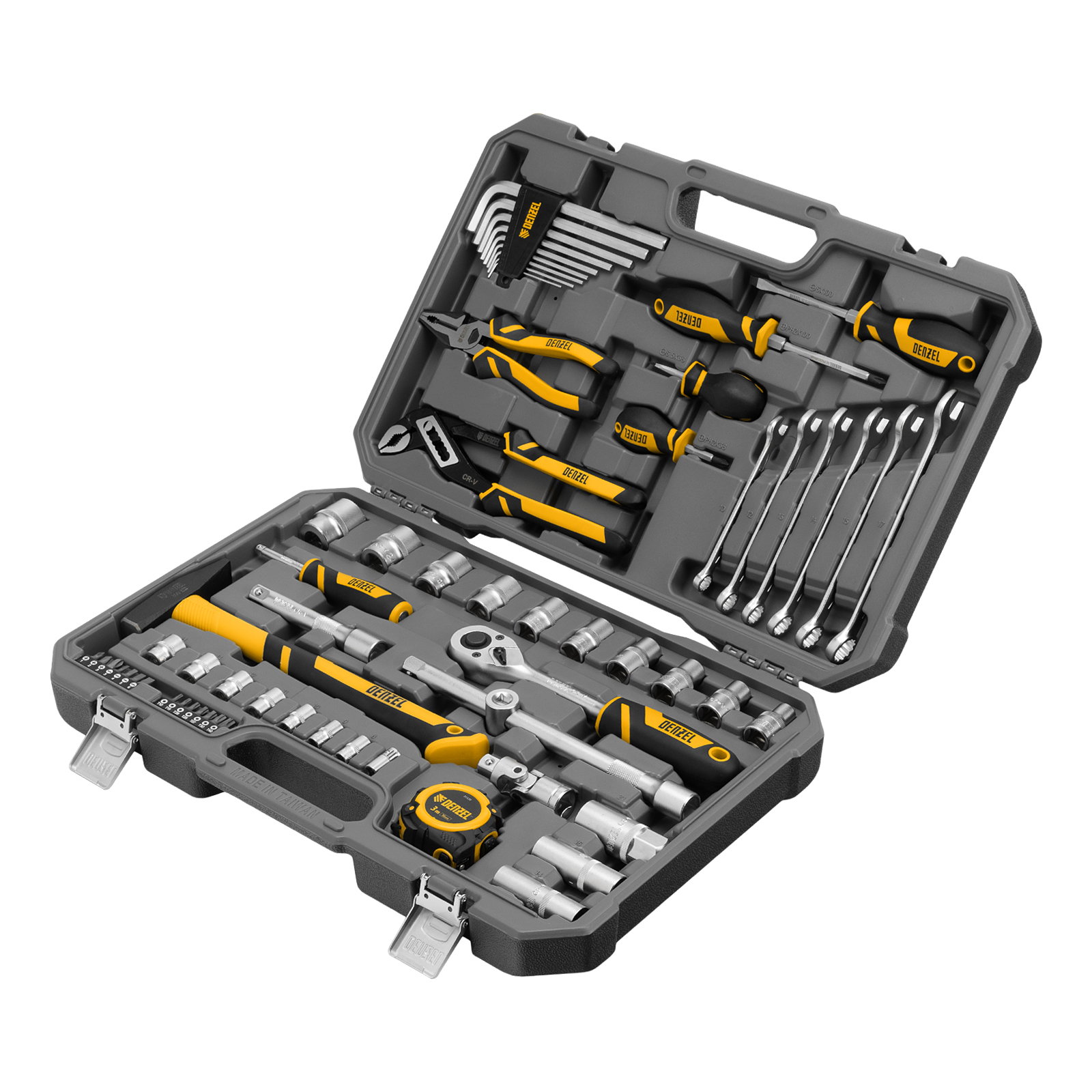 Набор инструментов, 1/2", 1/4", CrV, S2, пластиковый кейс, 64 предмета Denzel