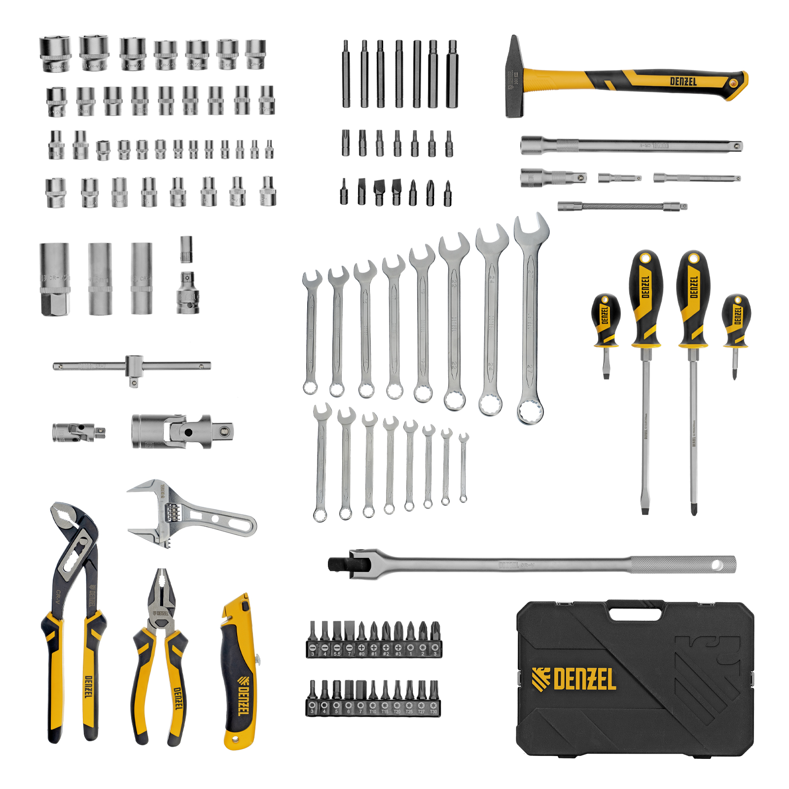 Набор инструментов, 1/2", 1/4", CrV, S2, пластиковый кейс, 122 предмета Denzel