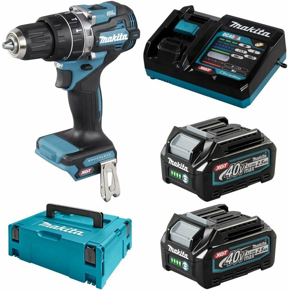 Дрель аккумуляторная ударная MAKITA HP002GD201 XGT BL 40В, 13мм, 65/30Нм (аккум. 2x2.5 Ач и быстрое з/у, кейс MAKPAC), шт
