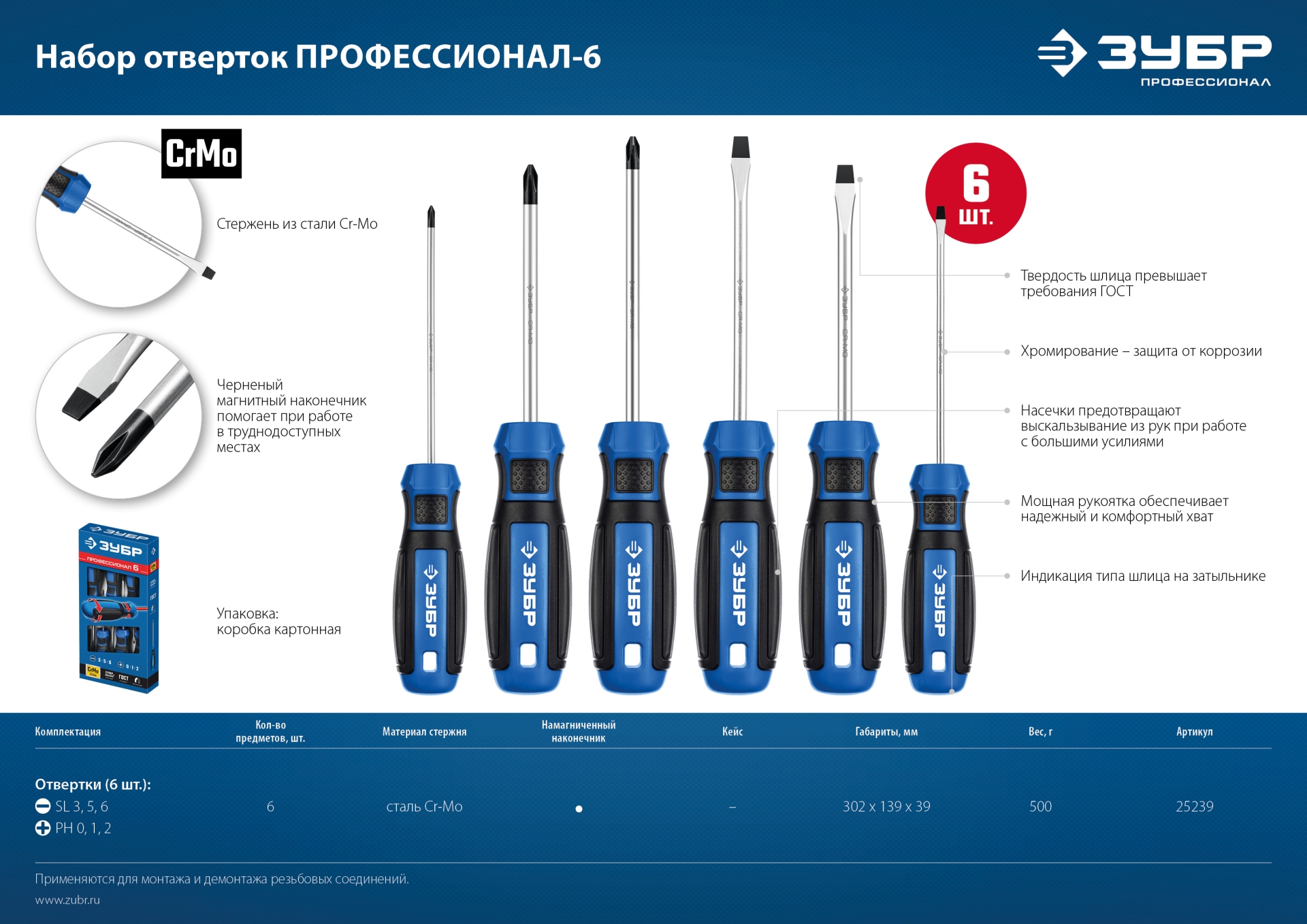 ЗУБР 6 предм., набор отверток, Профессионал (25239)