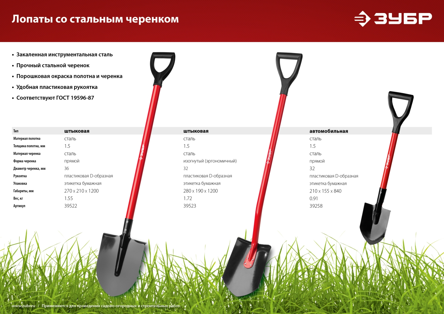 ЗУБР МАСТЕР, 120 см, стальной черенок, штыковая лопата, тип ЛКО, закаленное полотно (39522)