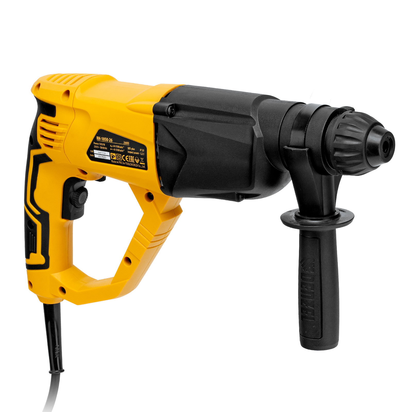 Перфоратор электрический RH-1050-26, SDS-plus, 1050 Вт, 3.2 Дж, 3 плюс 1 режим Denzel