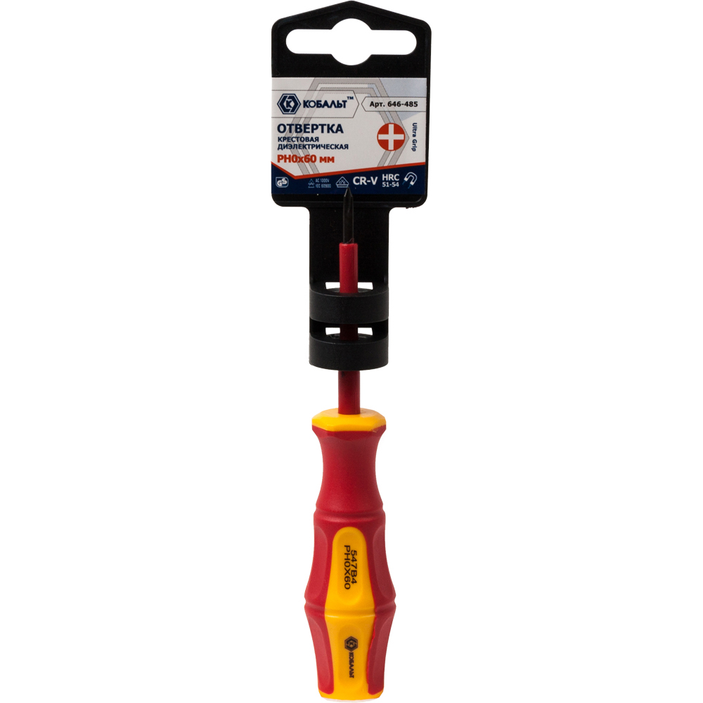 Отвертка диэлектрическая КОБАЛЬТ Ultra Grip PH-0 х 60 ммCR-V, двухкомпонентная рукоятка (1 шт.) подвес