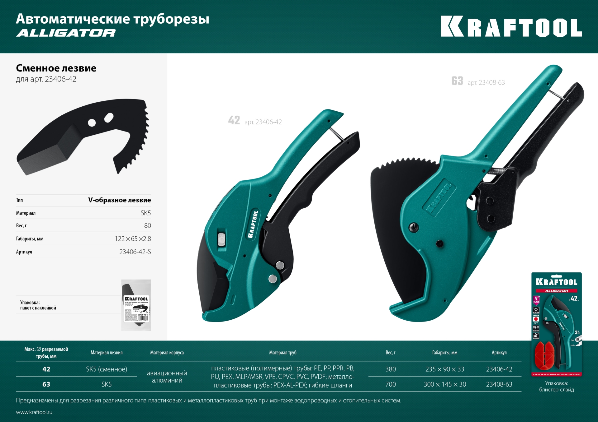 KRAFTOOL Alligator-63, до 63 мм, автоматический труборез по металлопластиковым и пластиковым трубам (23408-63)