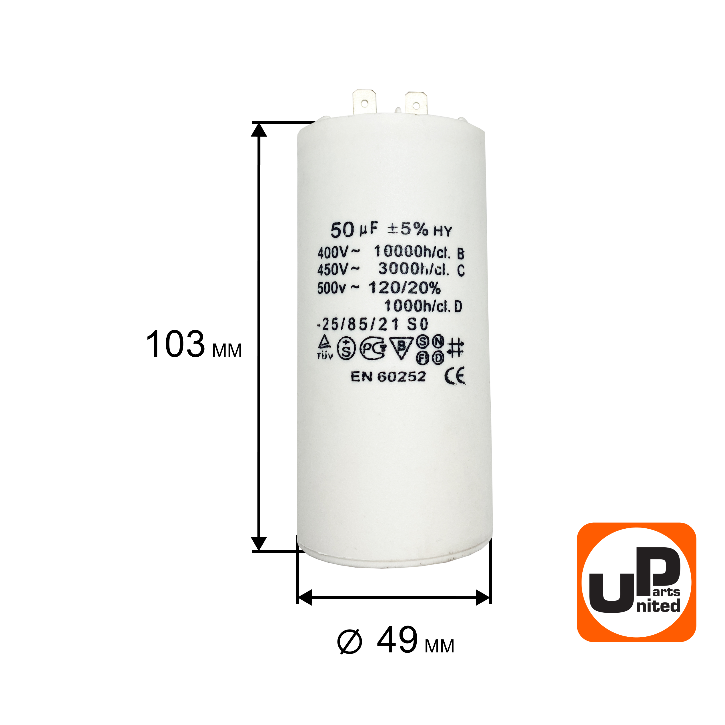 Конденсатор UNITED PARTS CBB60, 50 мкФ, 450В, 2 клеммы (90-0982), шт