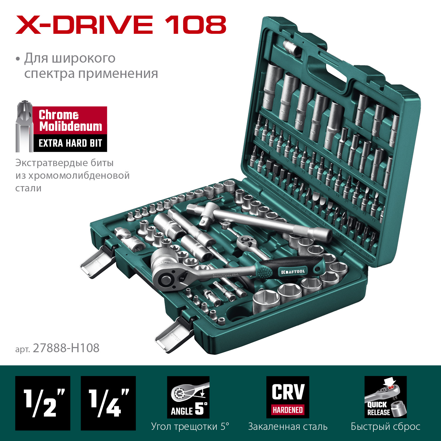 KRAFTOOL X-Drive 108, 108 предм., (1/2″+3/8″+1/4″), универсальный набор инструмента (27888-H108)
